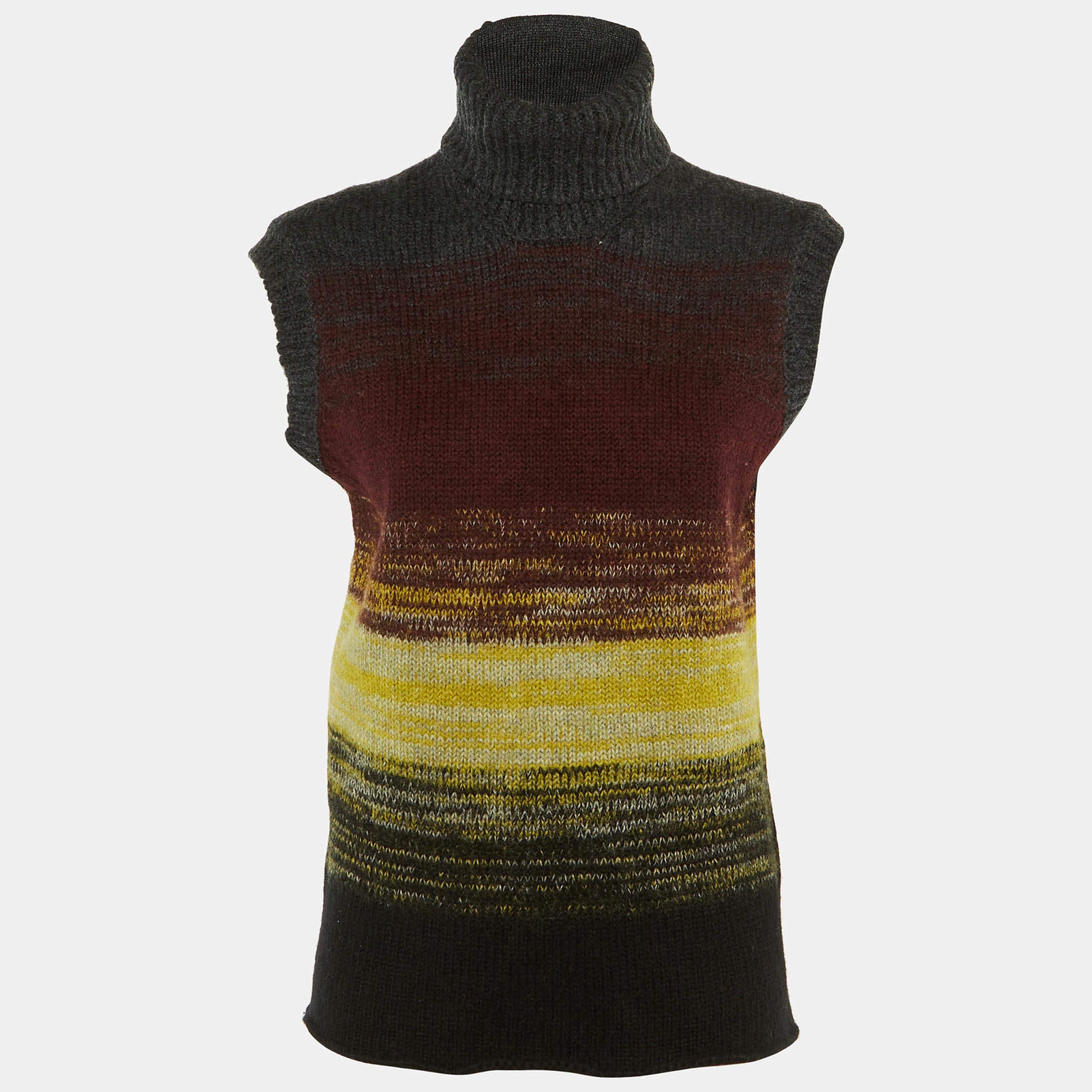 Pre Owned Bottega Veneta Grey Striped Wool Knit Turtle Neck Sweater S