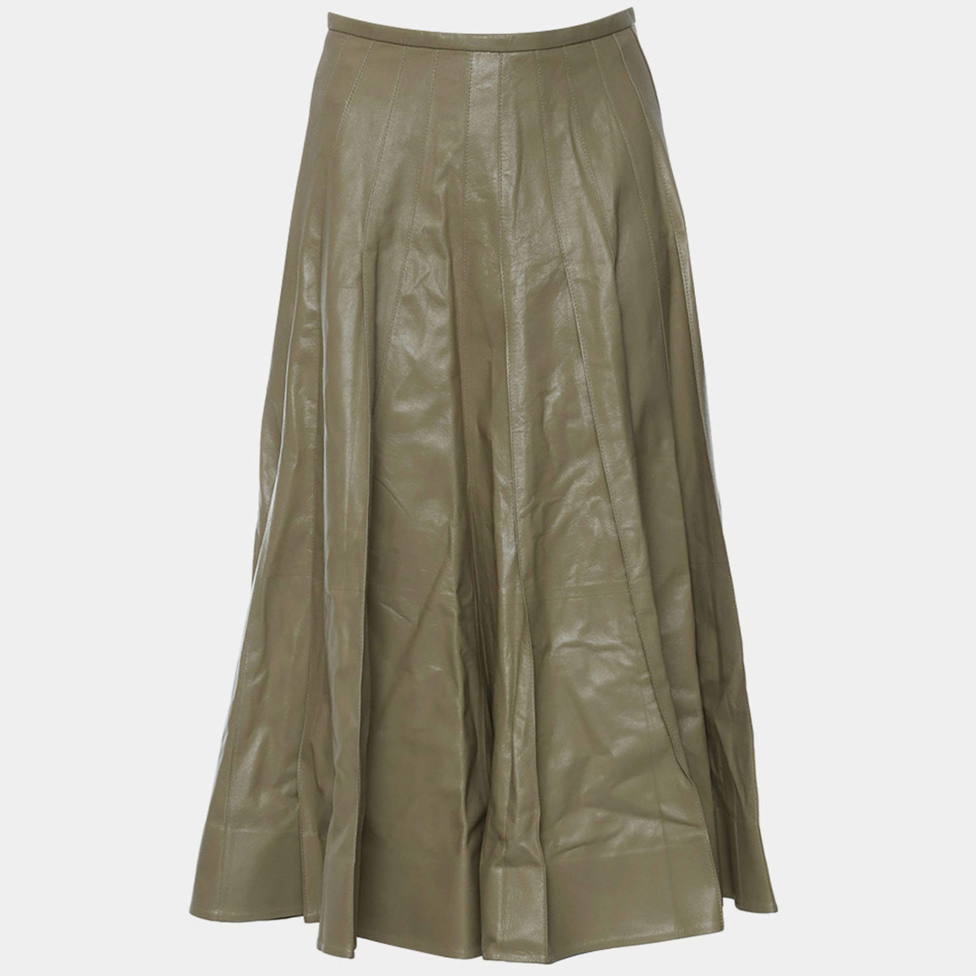 Pre Owned Bottega Veneta Pleated Leather Midi Skirt IT 38