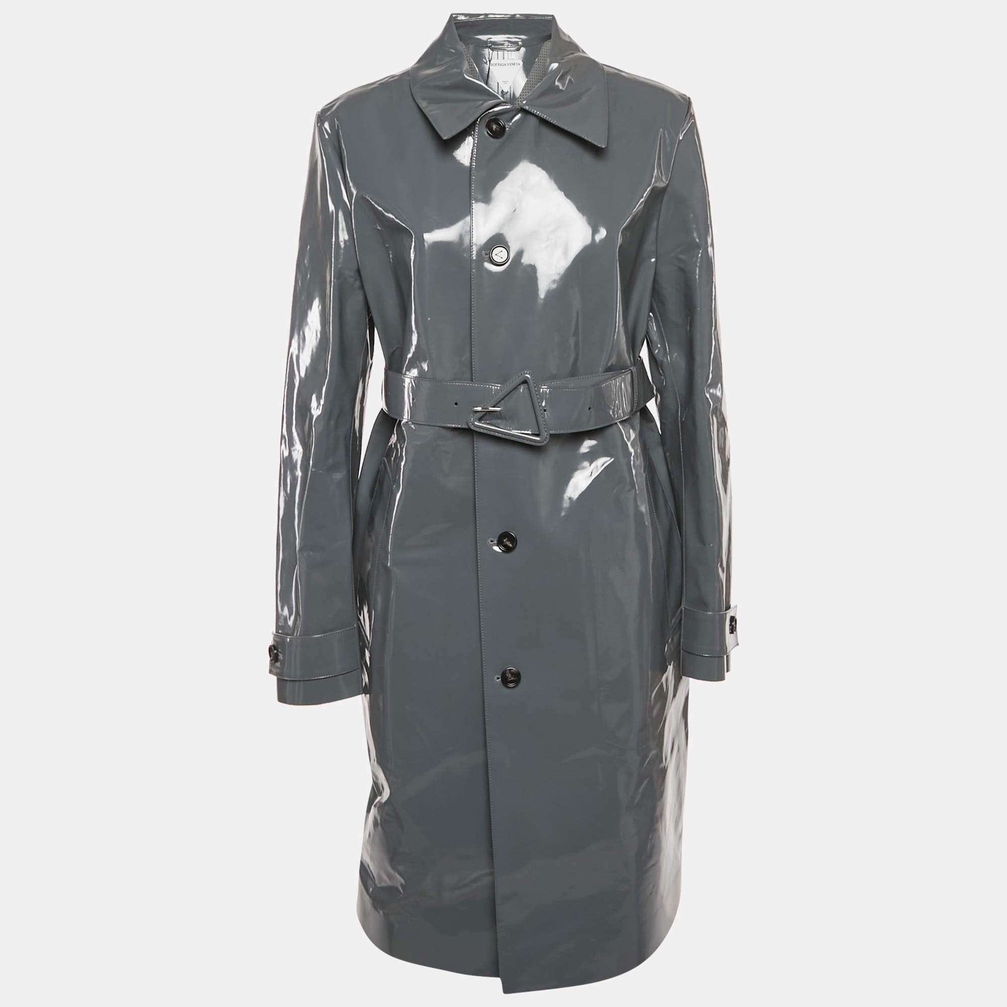 مملوكة مسبقًا Bottega Veneta Grey High Shine Leather Belted Trench Coat S