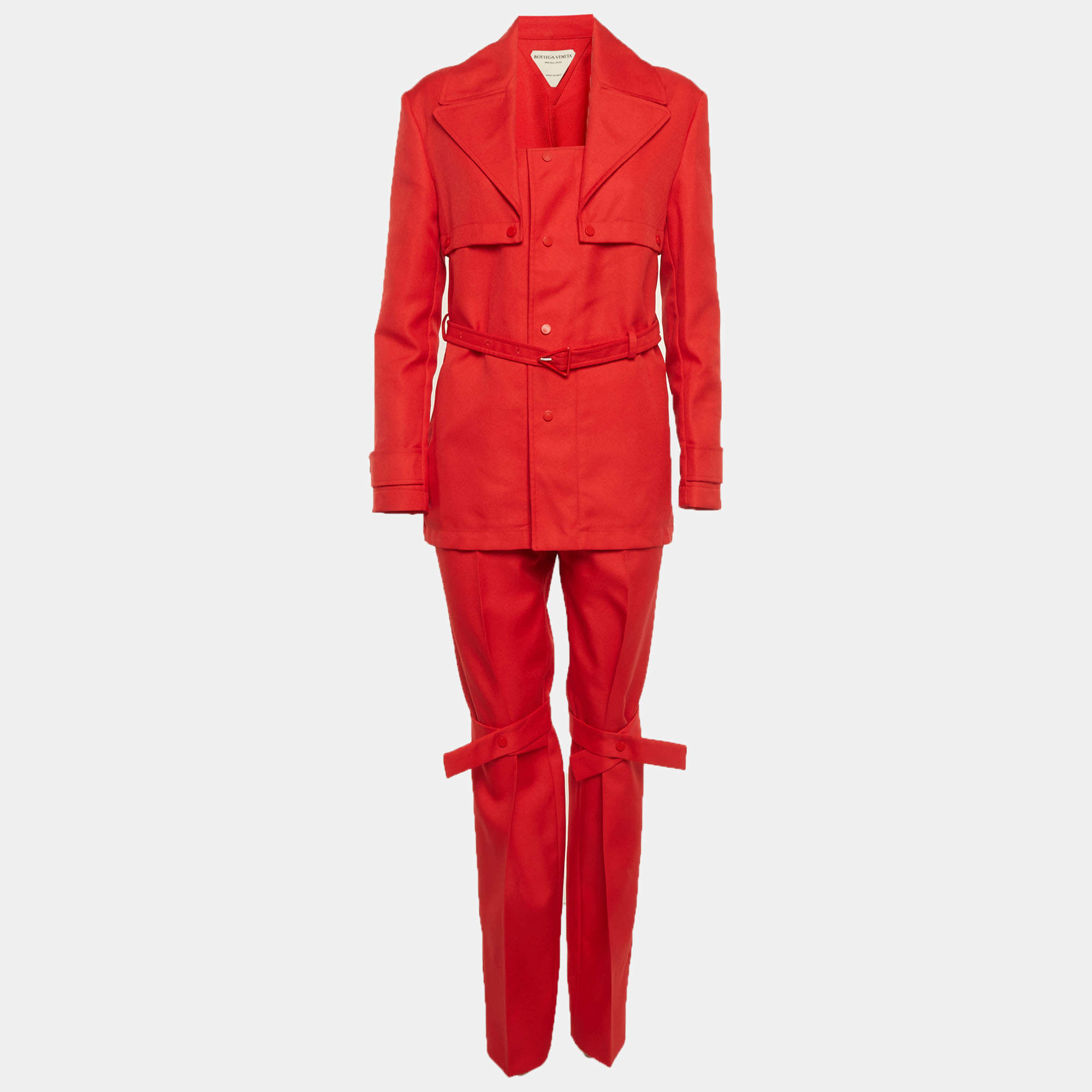 Pre Owned Bottega Veneta Red Gabardine Belted Set XS