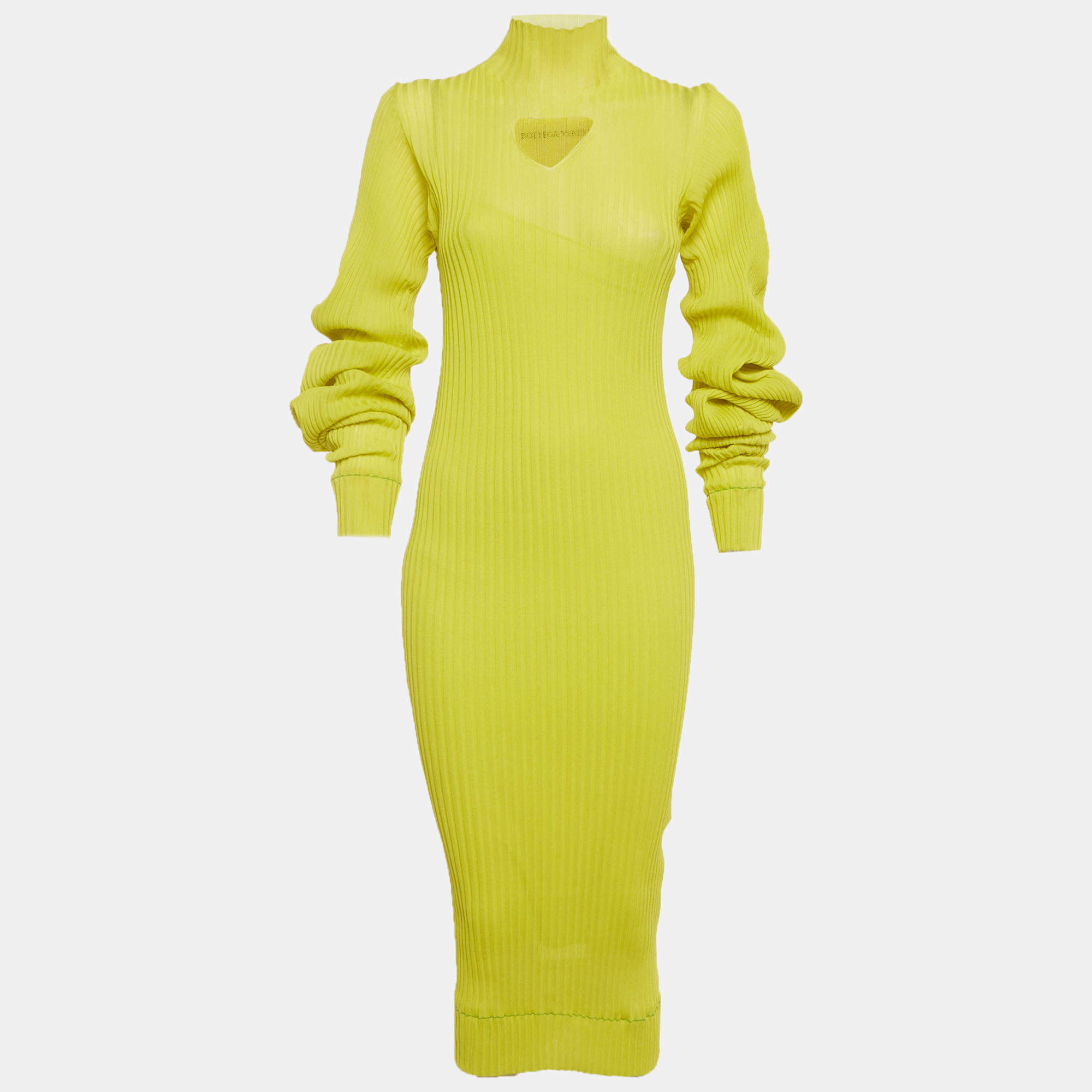 Pre Owned Bottega Veneta Neon Green Rib Knit Keyhole Detail Midi Dress S