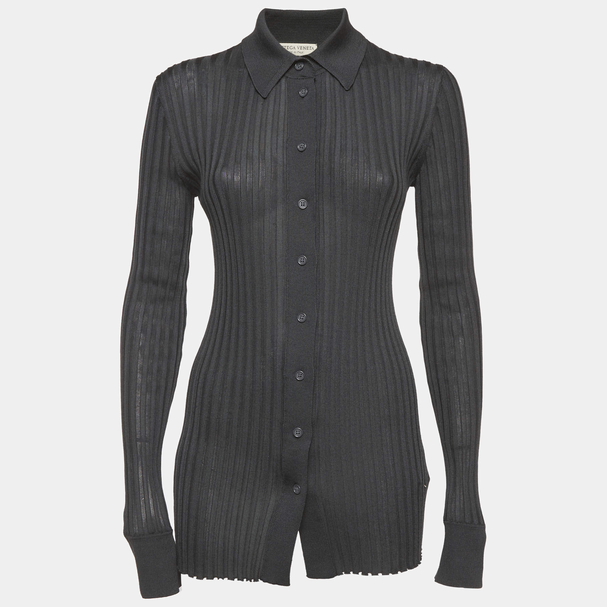 Pre Owned Bottega Veneta Grey Silk Knit Buttoned Cardigan S