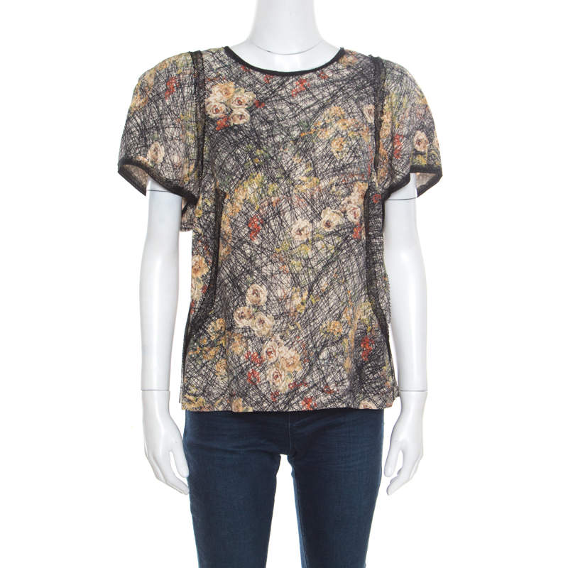 Bottega Veneta Cream and Black Scribble Floral Print Top L