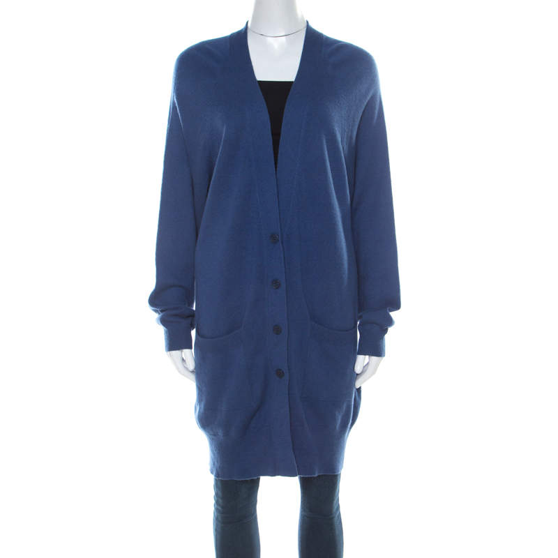 Bottega Veneta Blue Cashmere Button Front Long Cardigan M