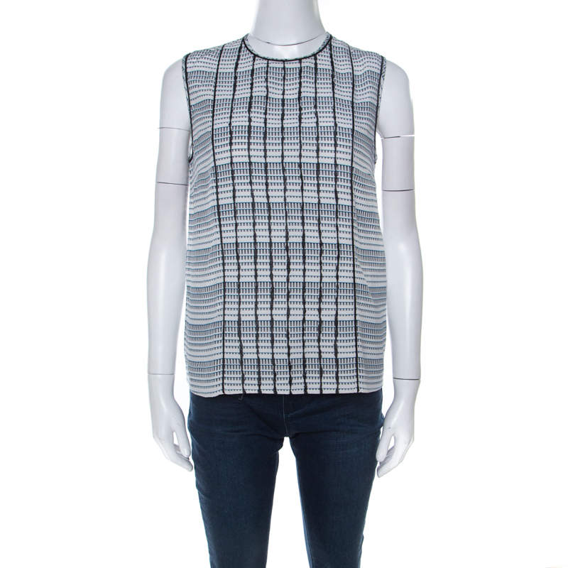 Bottega Veneta Black White and Blue Geometric Printed Silk Sleeveless Top S 