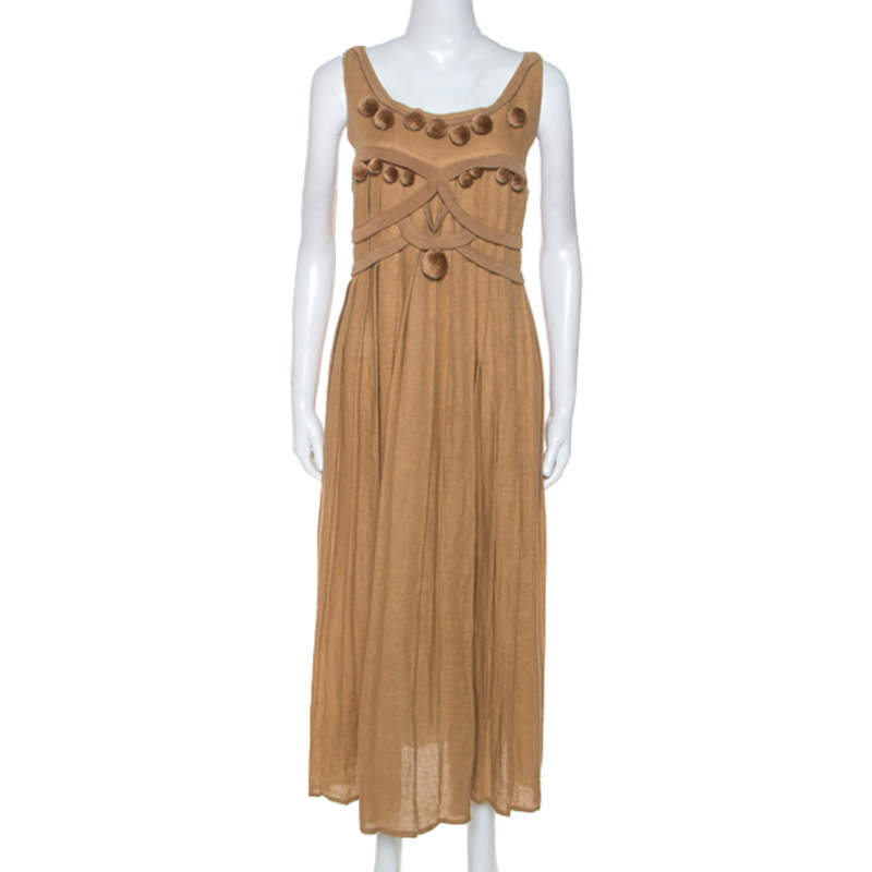 Pre Owned Bottega Veneta Camel Beige Linen Pom Pom Detail Pleated Dress L