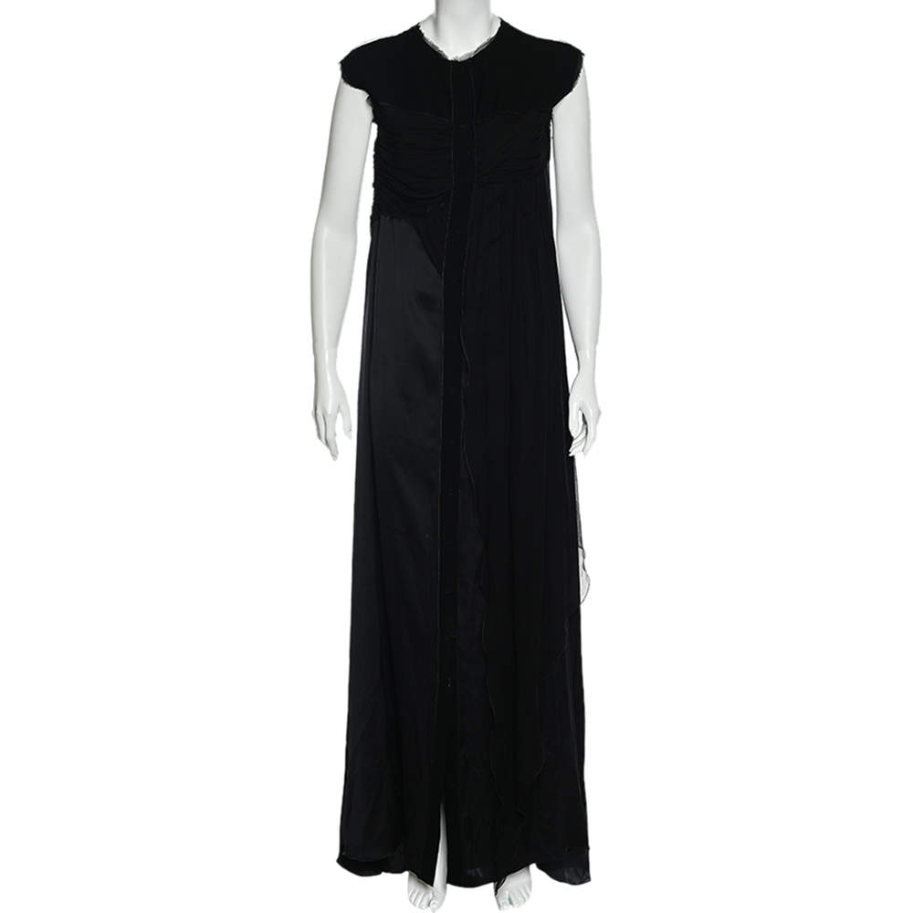 Bottega Veneta Black Silk Draped Detail Button Front Maxi Dress M