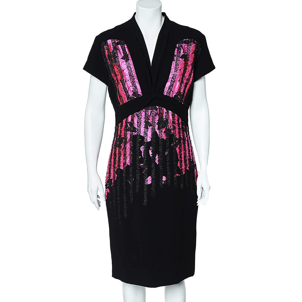 Pre Owned Bottega Veneta Black Crepe Contrast Trim Sheath Dress L
