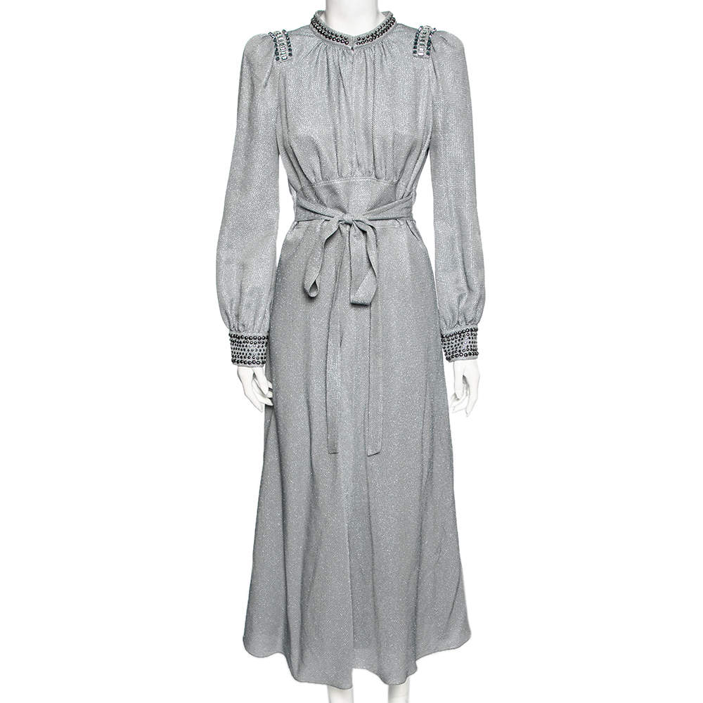 Pre Owned Bottega Veneta Blue Metallic Silk Embellished Belted Dress M