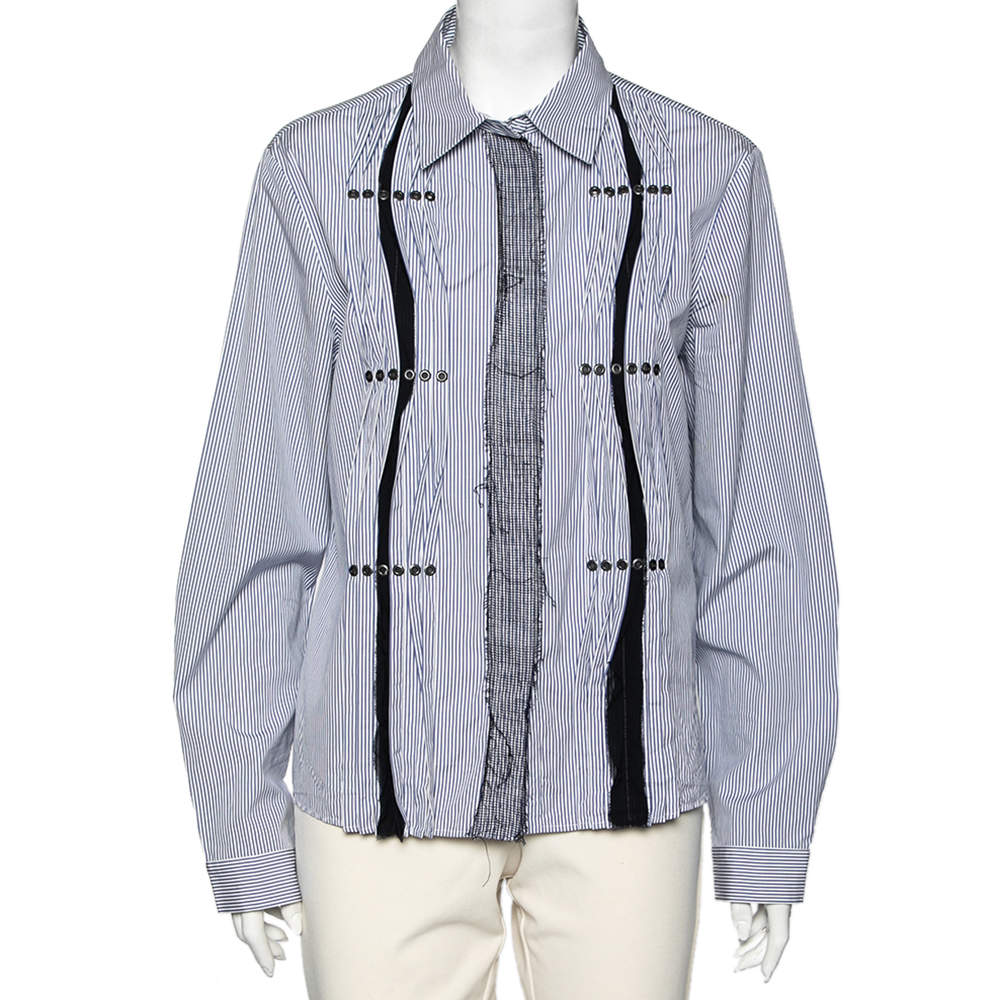 Bottega Veneta White and Blue Striped Cotton Lace and Studded Detailed Long Sleeve Shirt M