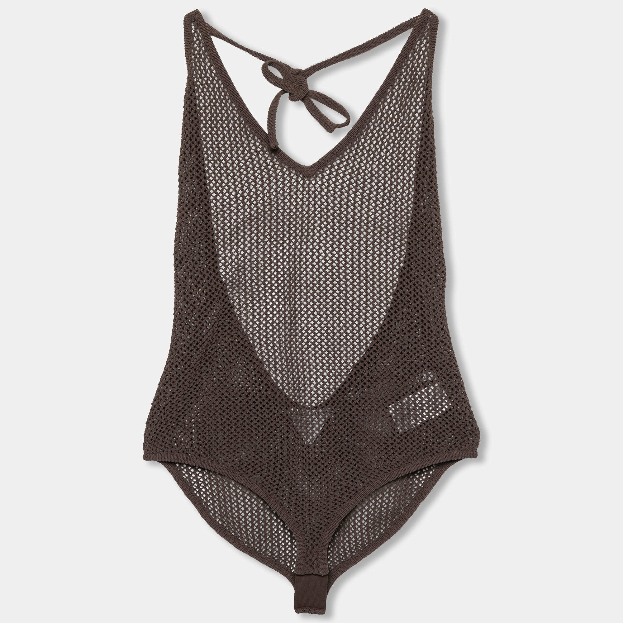 Pre Owned Bottega Veneta Brown Open Knit Halter Neck Bodysuit XL
