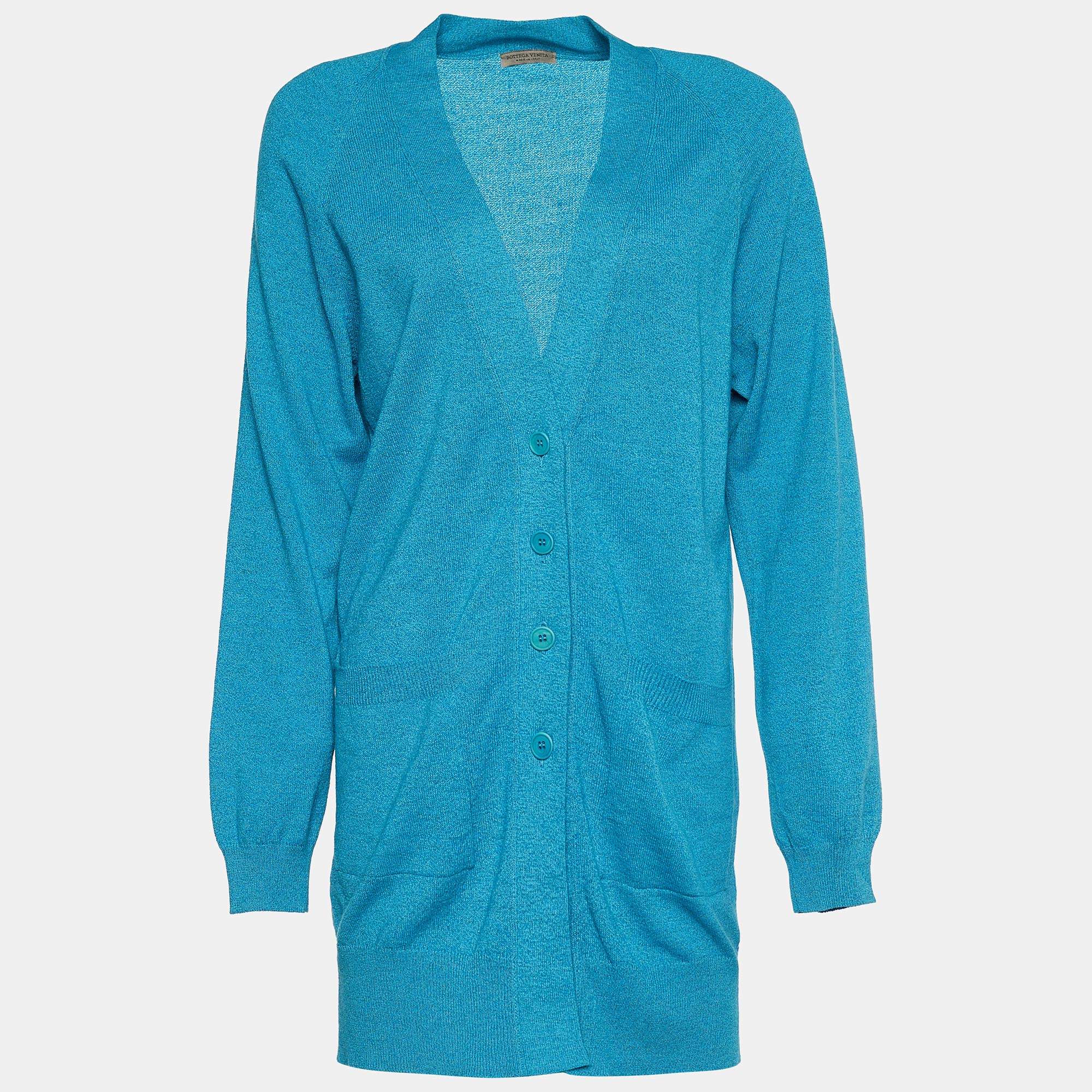 Bottega Veneta Blue Cotton Blend Rib Knit Cardigan S