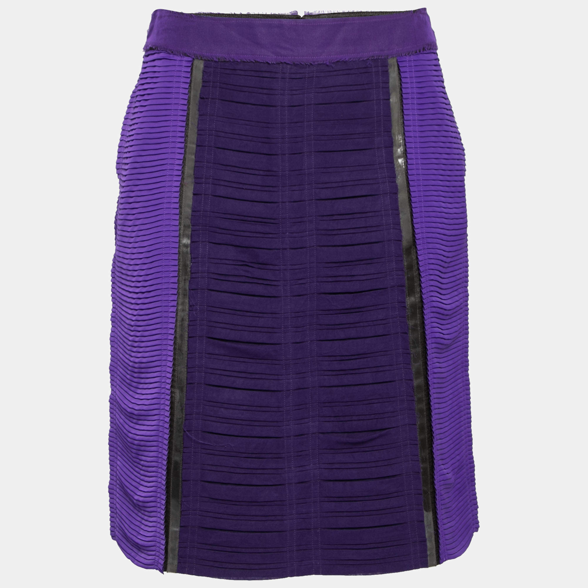 Pre Owned Bottega Veneta Purple & Brown Cotton Plastic Detail Pleated Pencil Skirt S