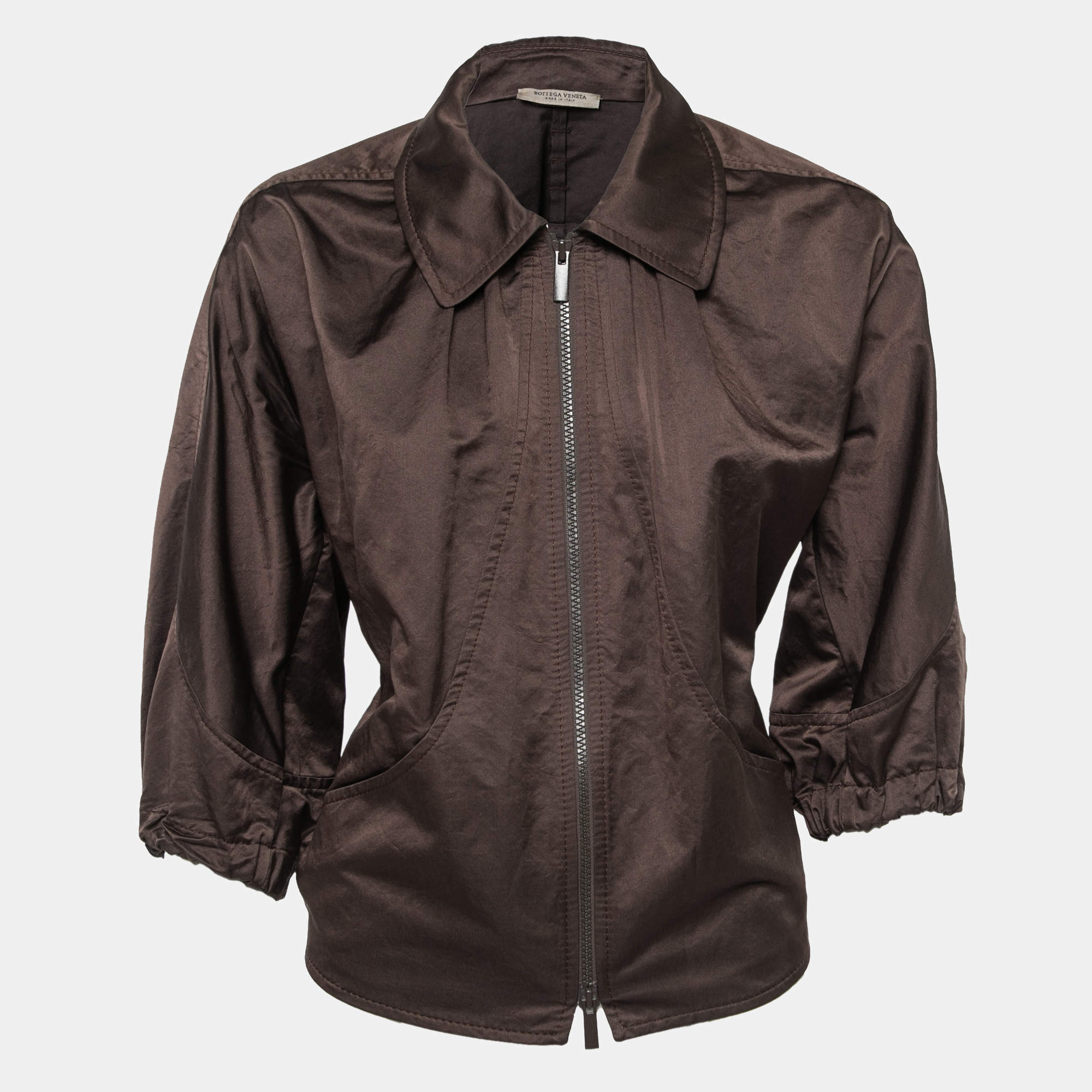 Bottega Veneta Brown Silk & Cotton Zip-Front Jacket M