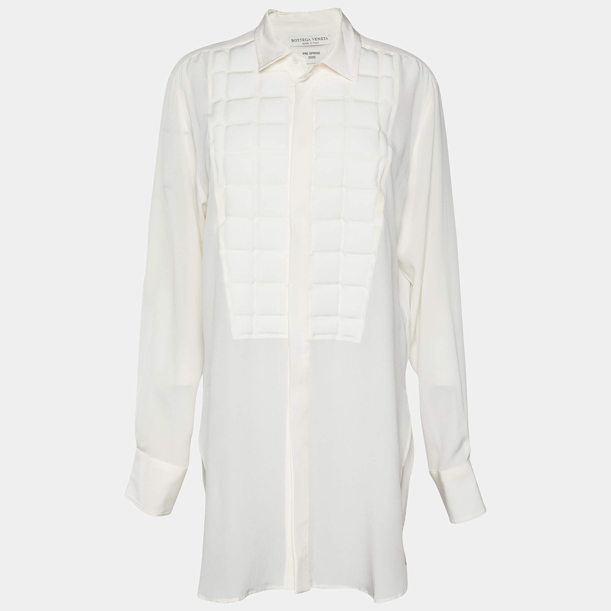 Bottega Veneta Ivory White Silk Grid Detail Dress Shirt M
