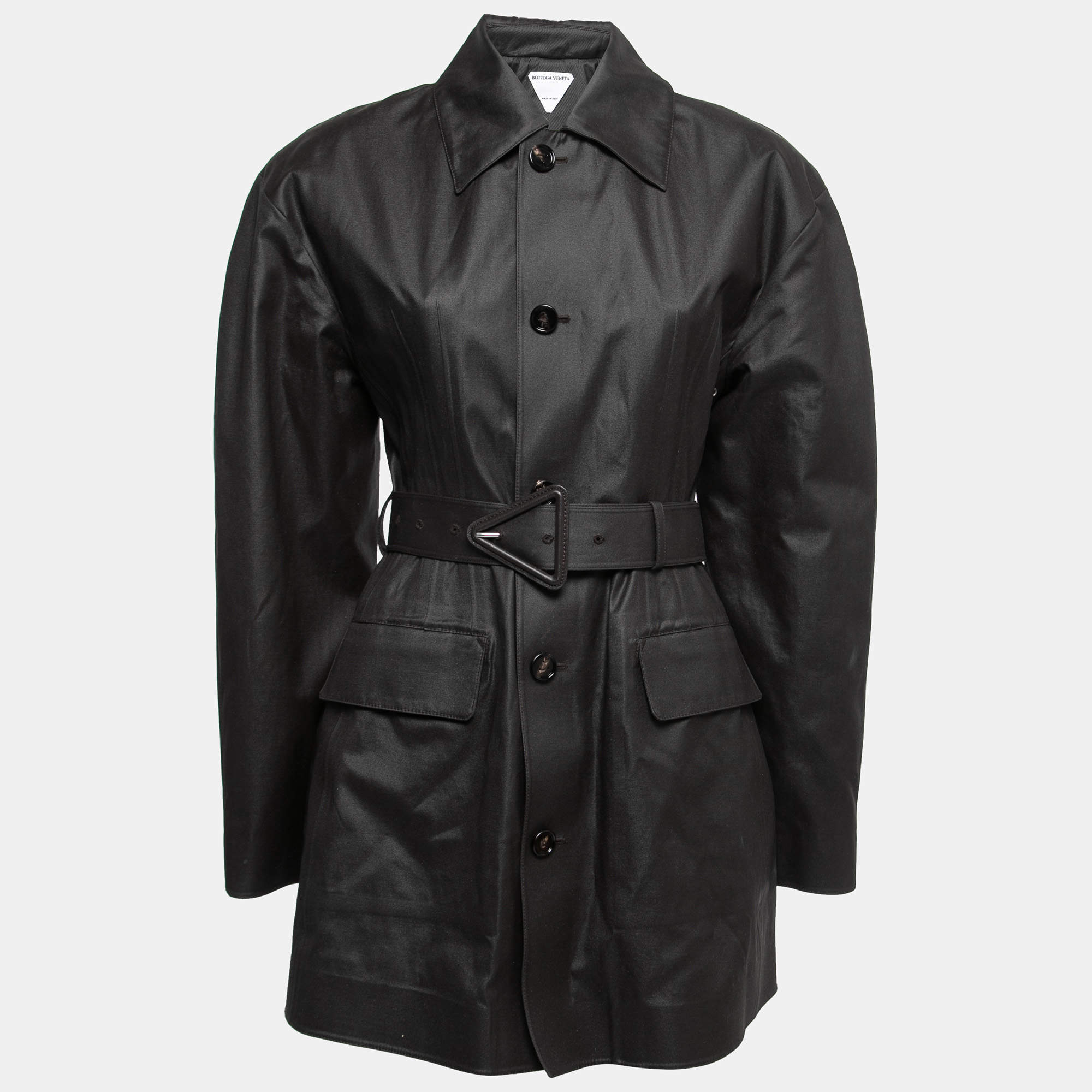 Bottega Veneta Black Coated Cotton Button Front Belted Coat XS