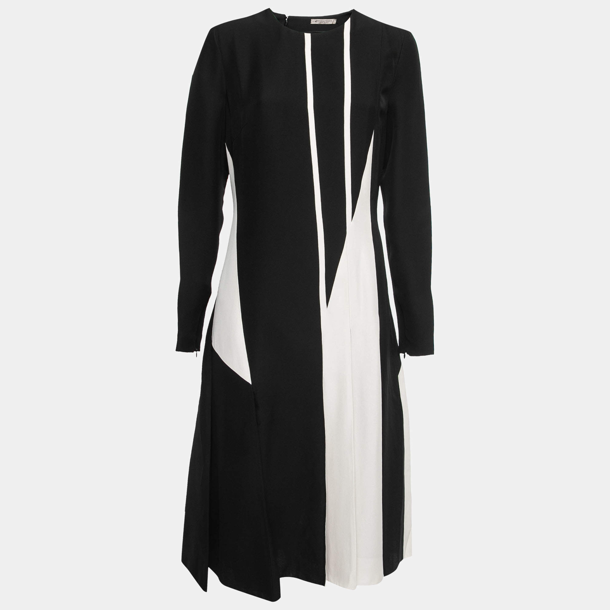 Bottega Veneta Monochrome Patterned Crepe Pleated Midi Dress M