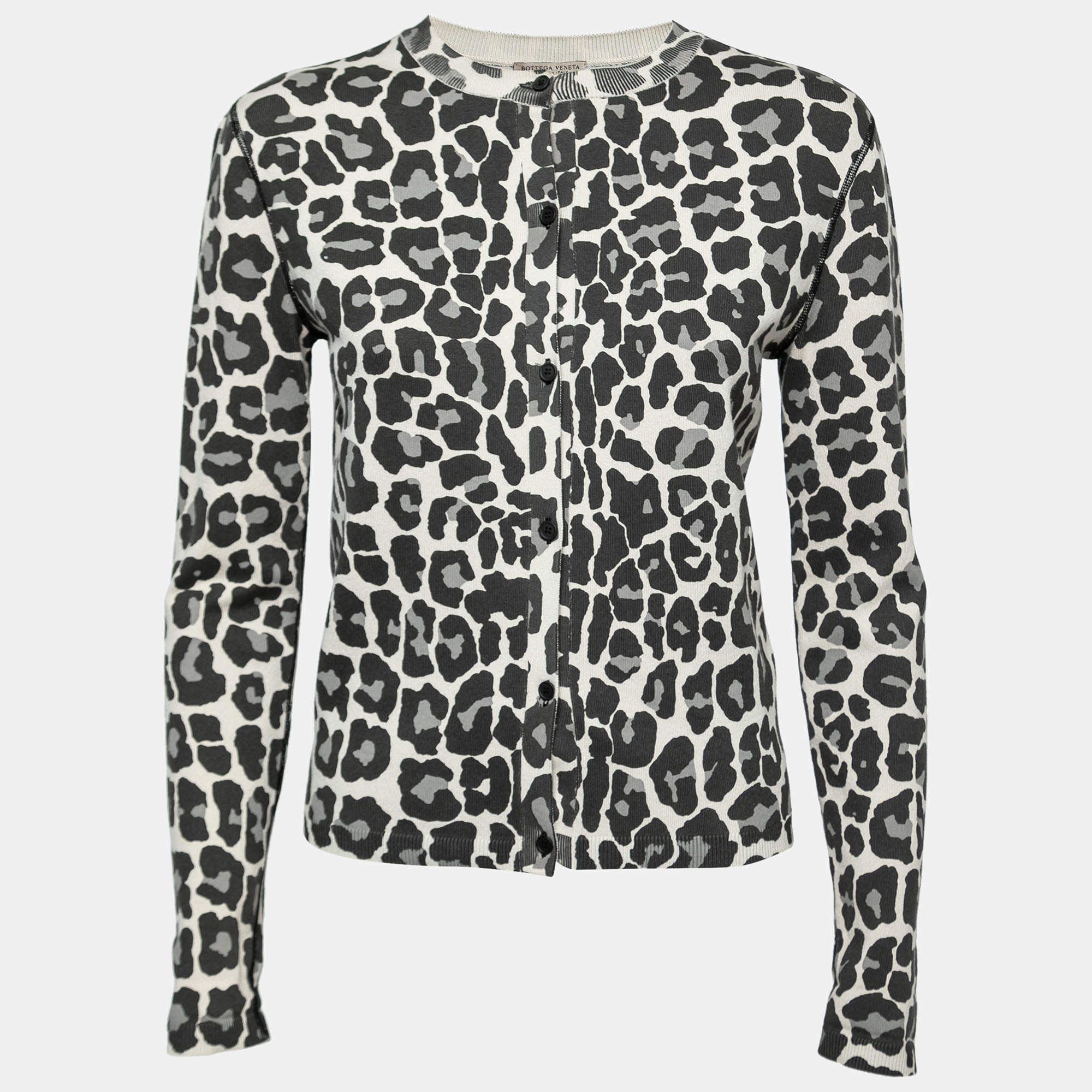 Bottega Veneta Grey Leopard Print Knit Buttoned Cardigan S