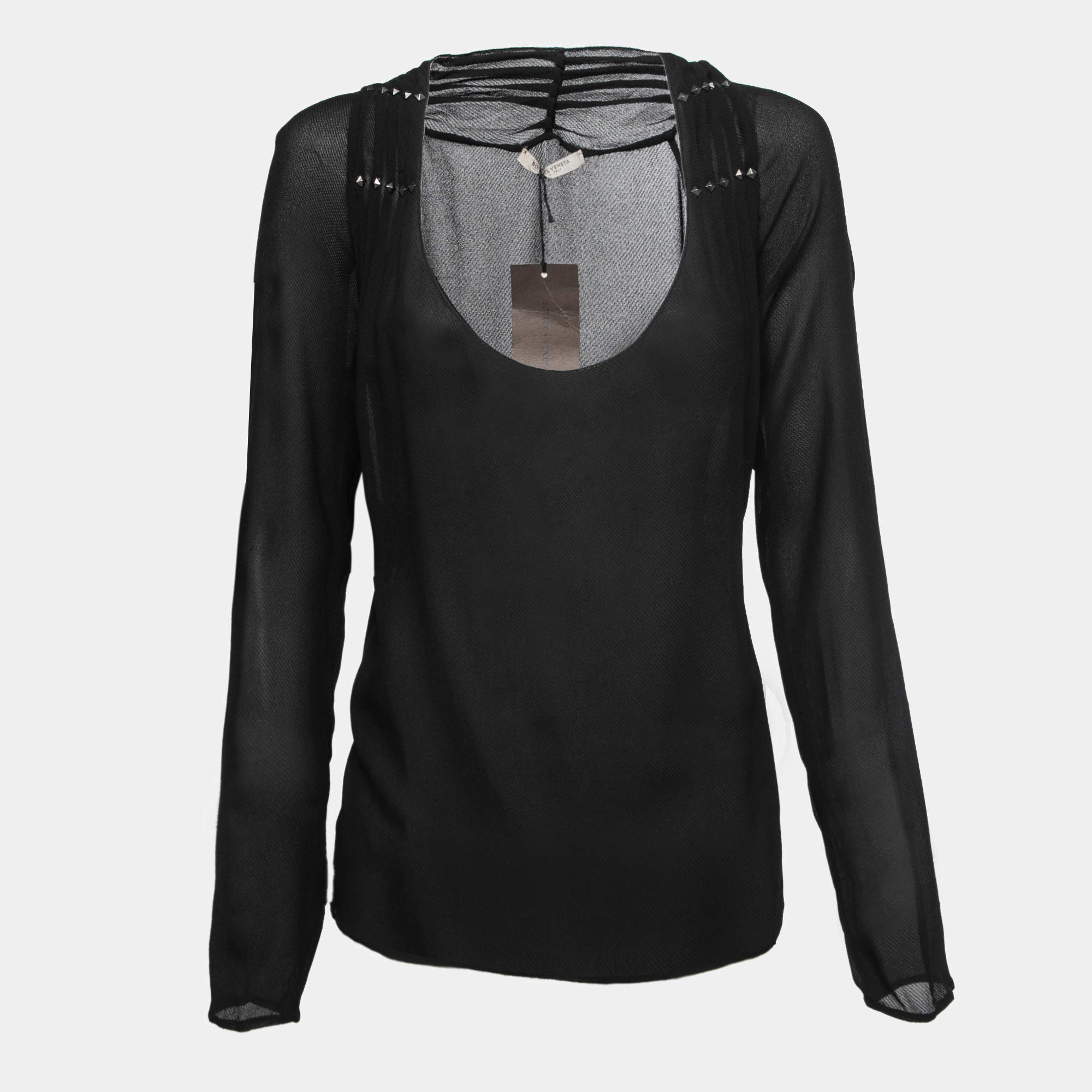 Bottega Veneta Black Gorgette Studded Long Sleeve Top M