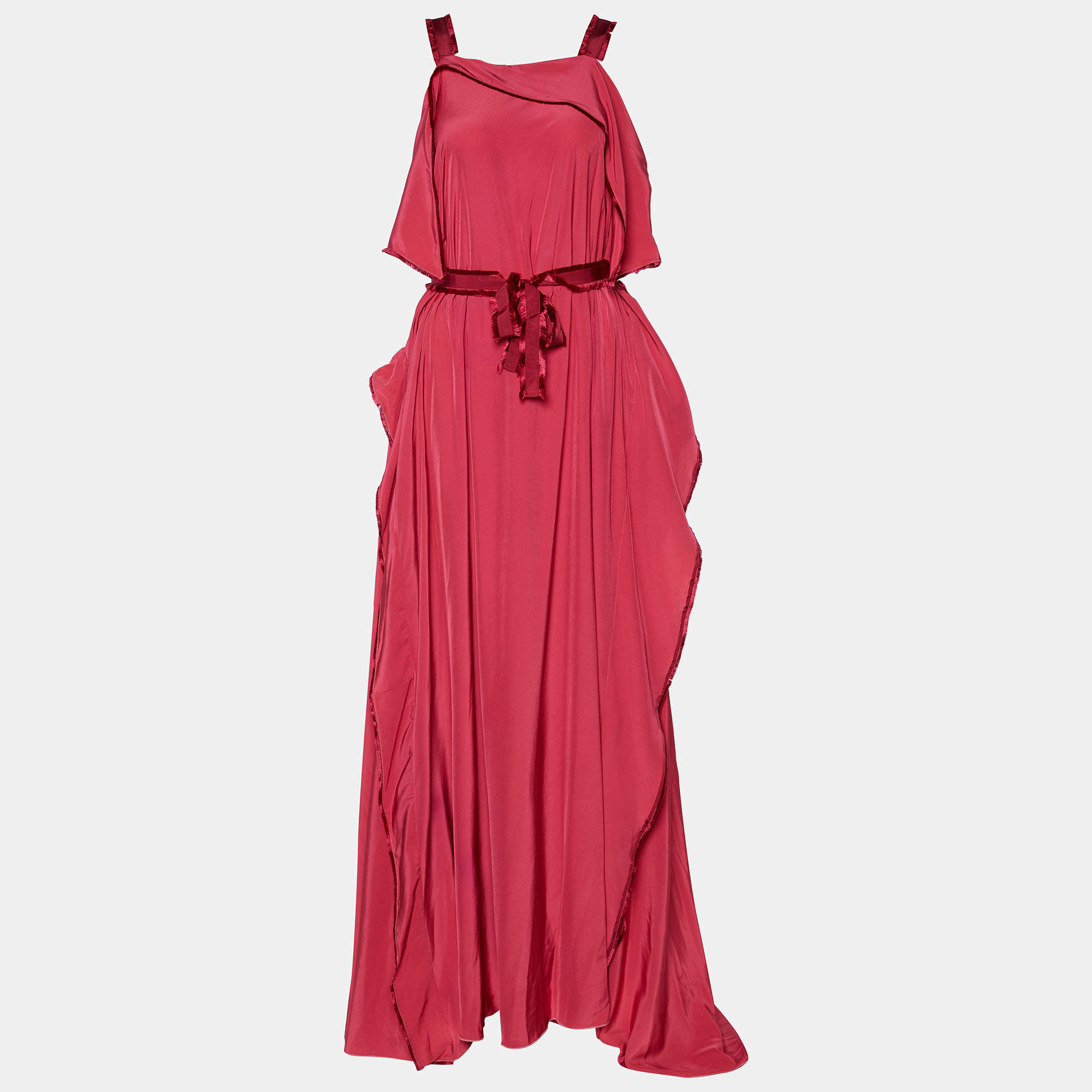 Bottega Veneta Pink Satin Scarf hem Detail Belted Sleeveless Gown M