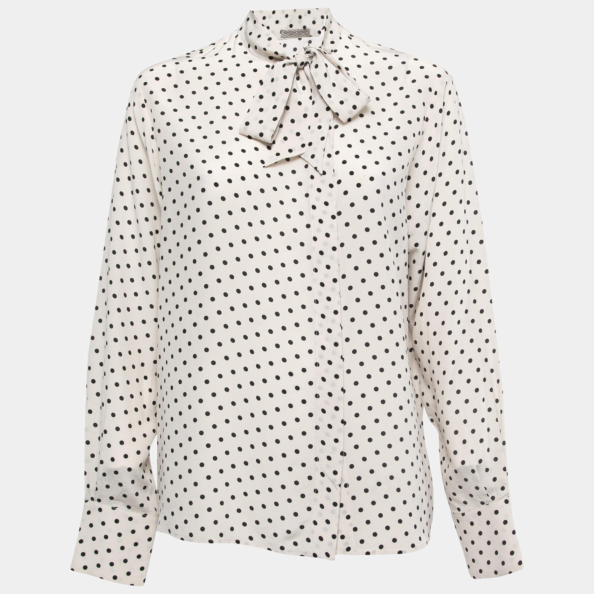 Bottega Veneta Off-White Polka Dotted Silk Tie Neck Detail Long Sleeve Blouse M