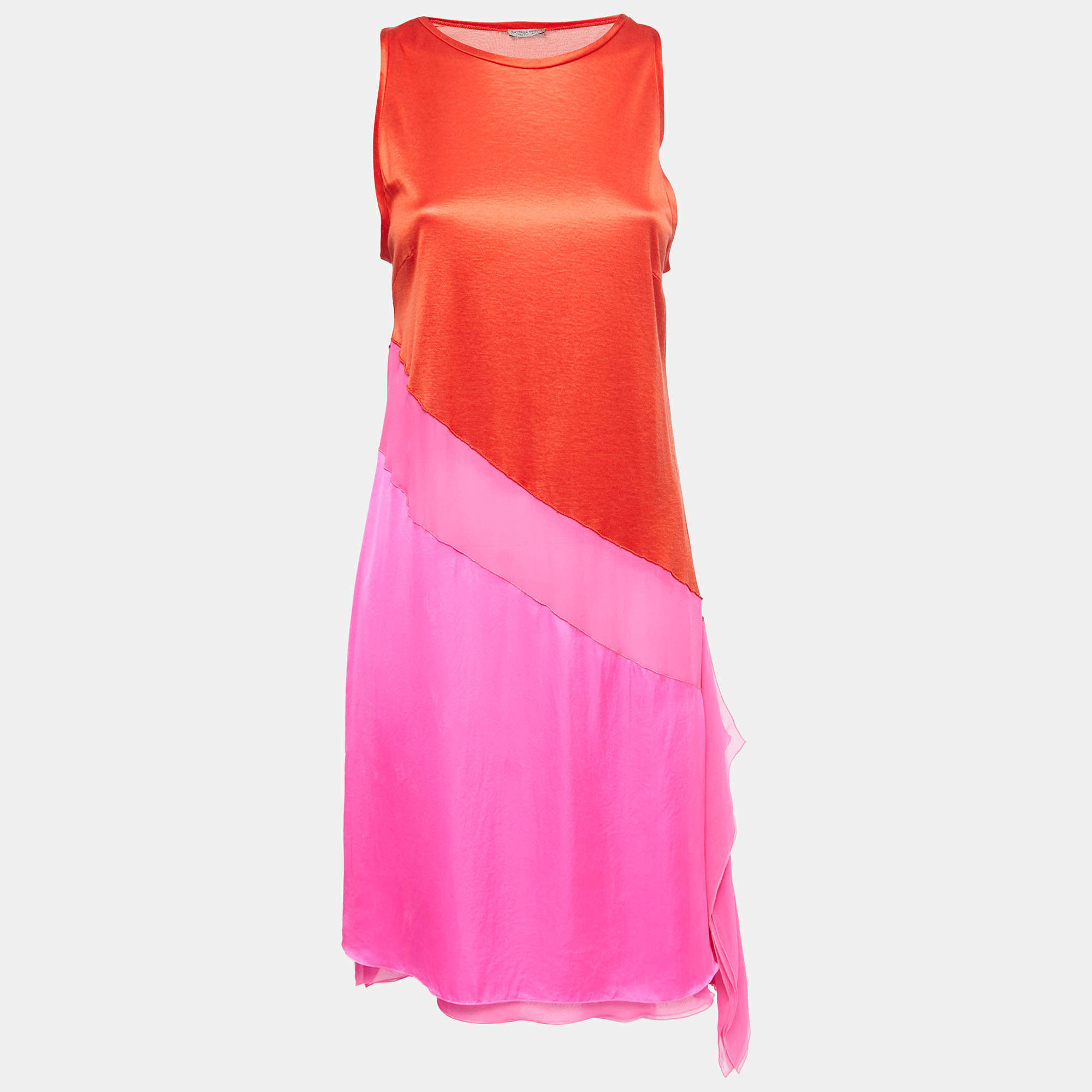 Pre Owned Bottega Veneta Pink/Orange Silk Asymmetrical Mesh Inset Dress M