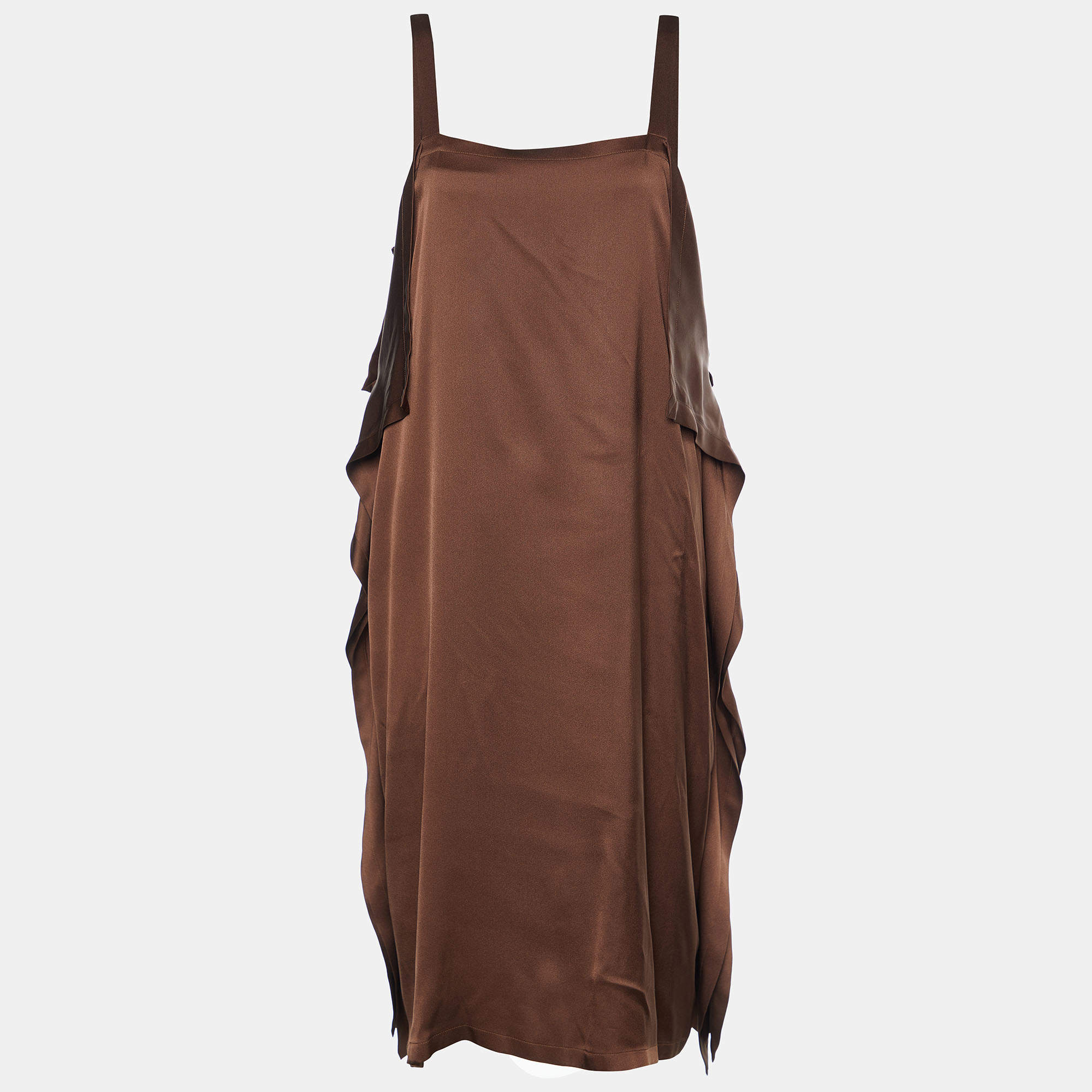 Pre Owned Bottega Veneta Brown Silk Satin Ruffle Detail Mini Dress L