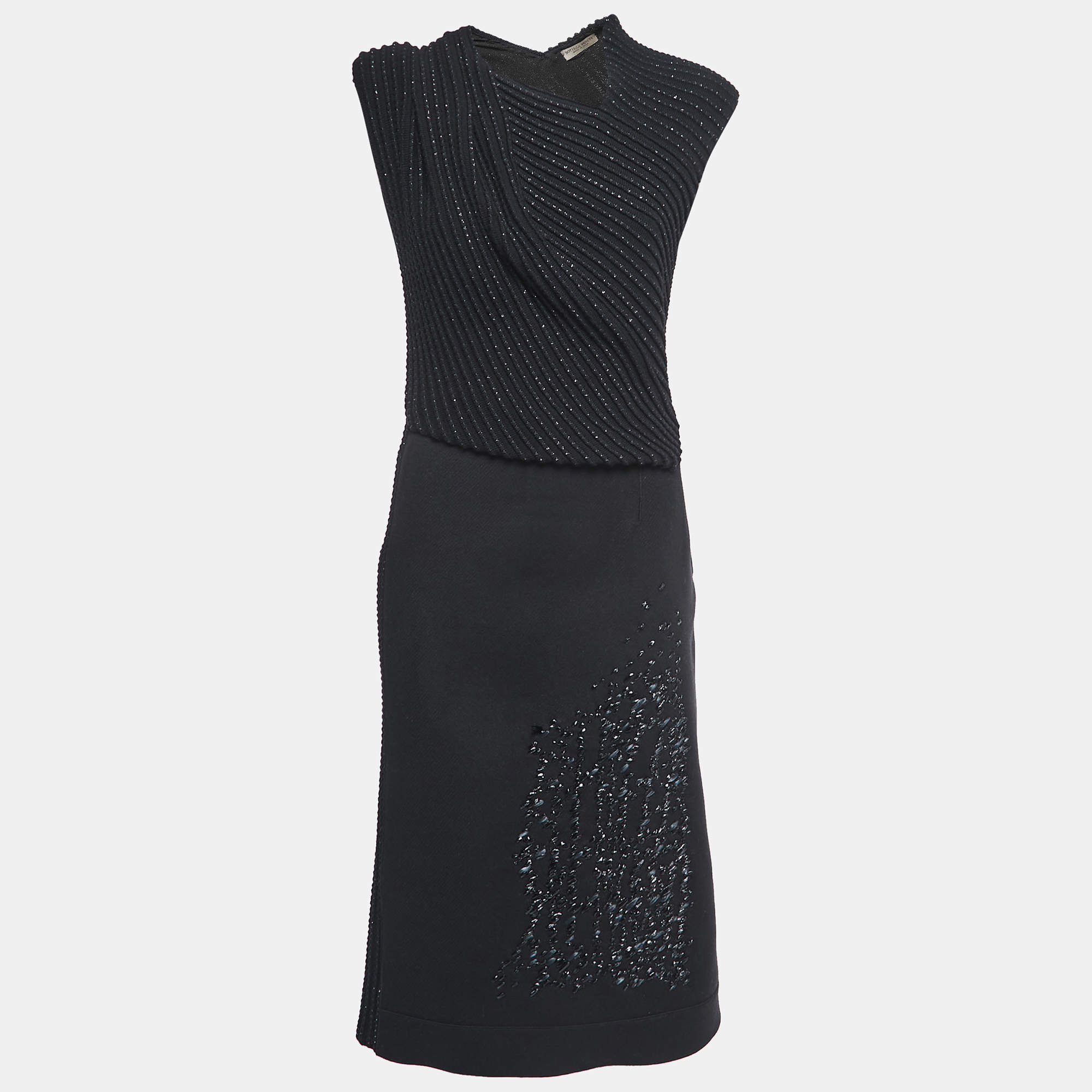 مملوكة مسبقًا Bottega Veneta Black Wool & Knit Sleeveless Midi Dress M