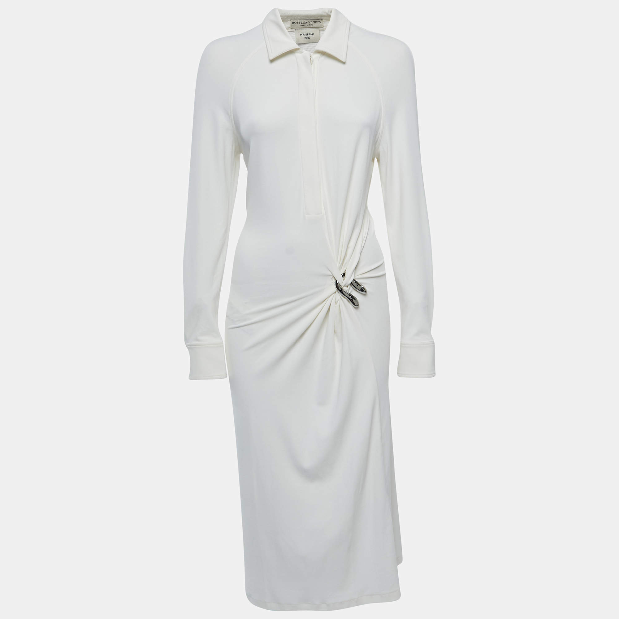 Bottega Veneta Off-White Stretch Knit Long Sleeve Midi Dress S