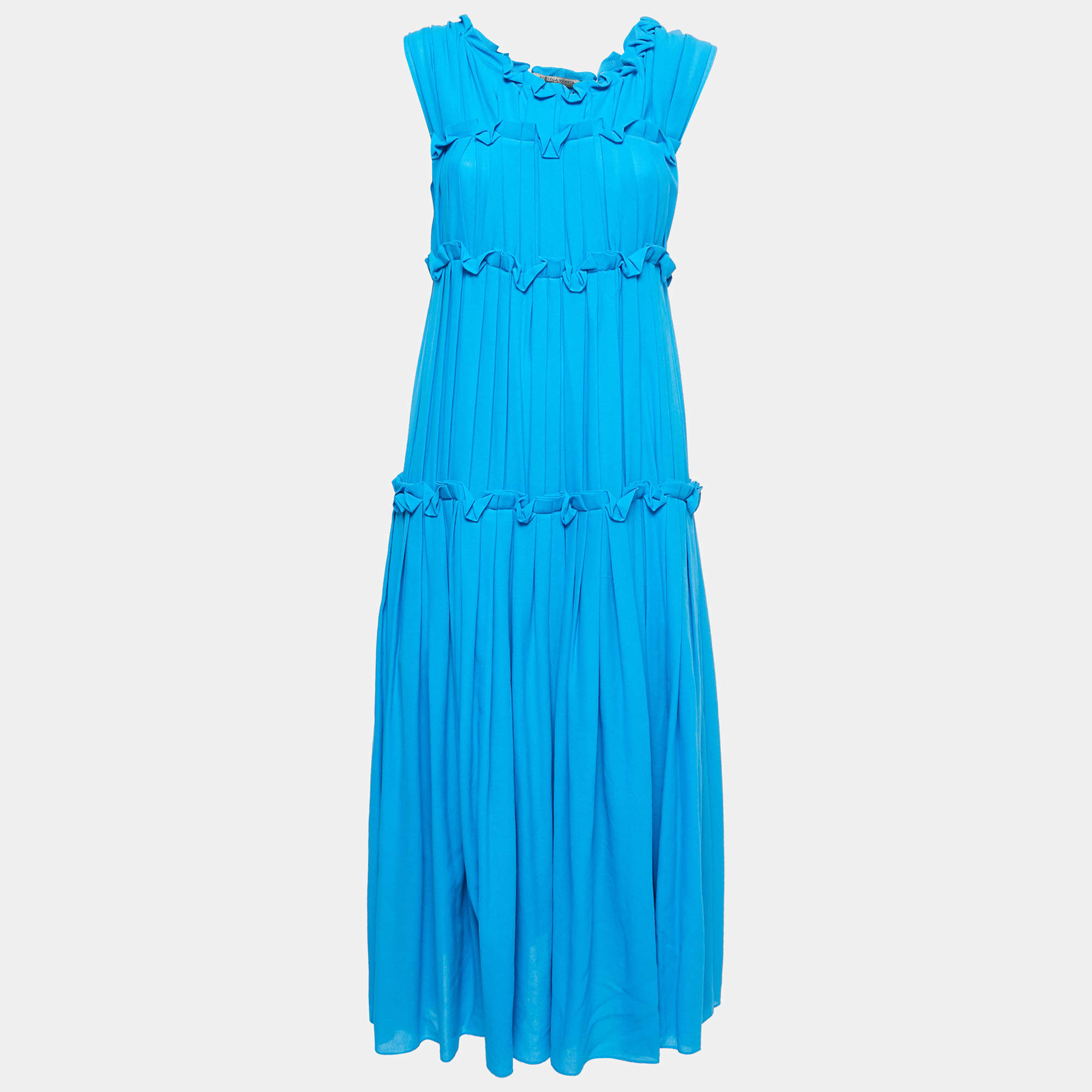 Pre Owned Bottega Veneta Blue Ruffled Cotton Sleeveless Midi Dress M