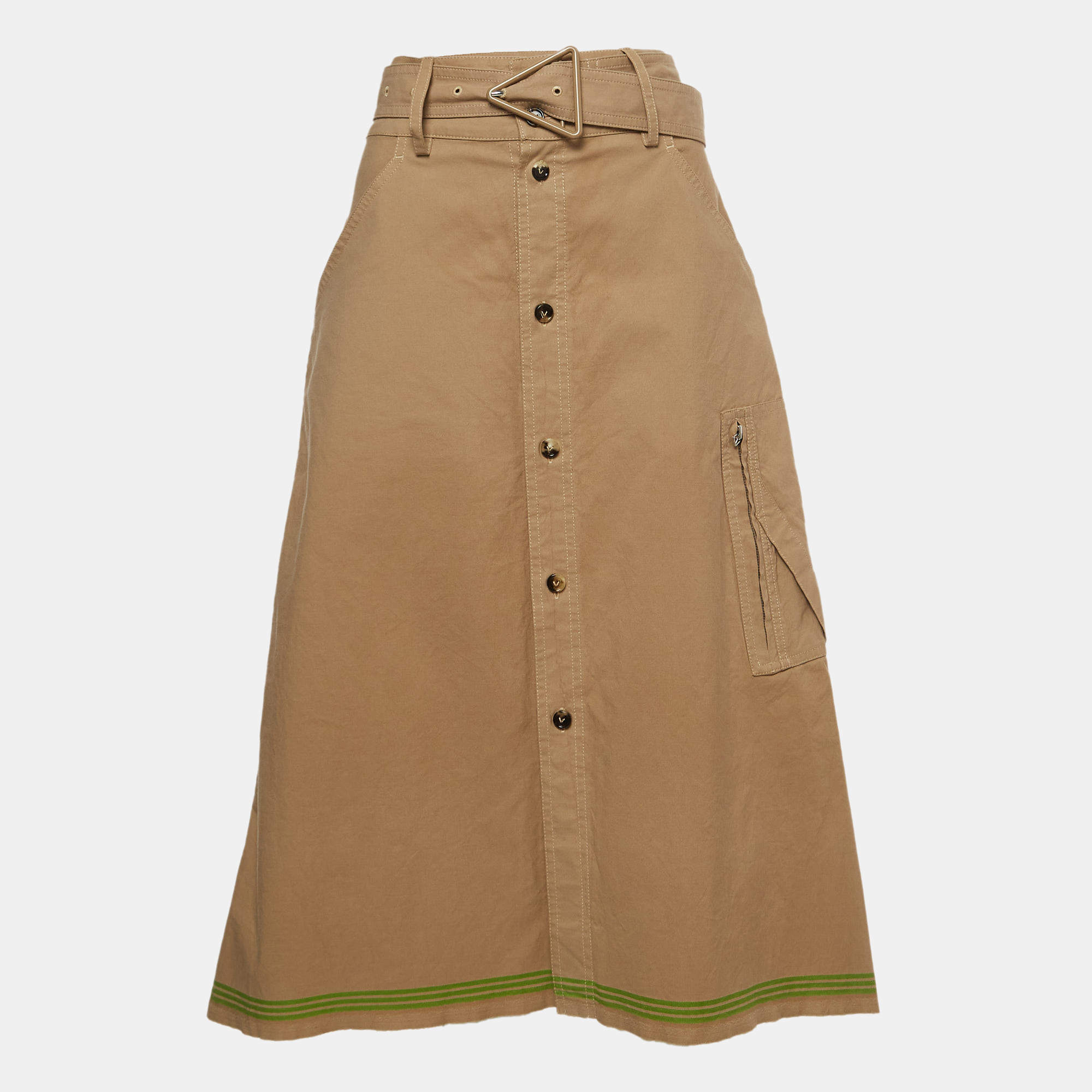 Pre Owned Bottega Veneta Beige Cotton Belted Midi Skirt S