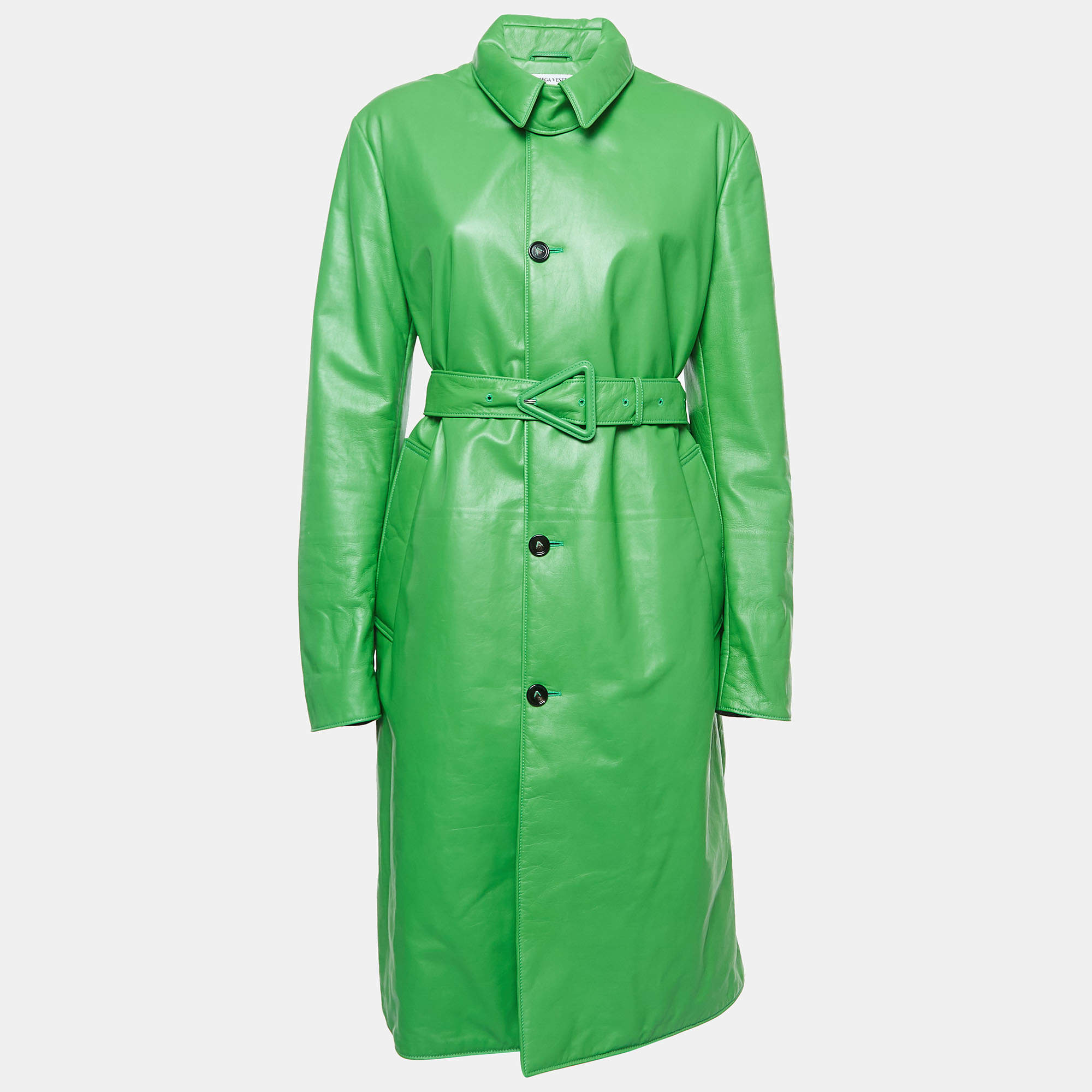 Pre Owned Bottega Veneta Green Lambskin Leather Trench Coat S