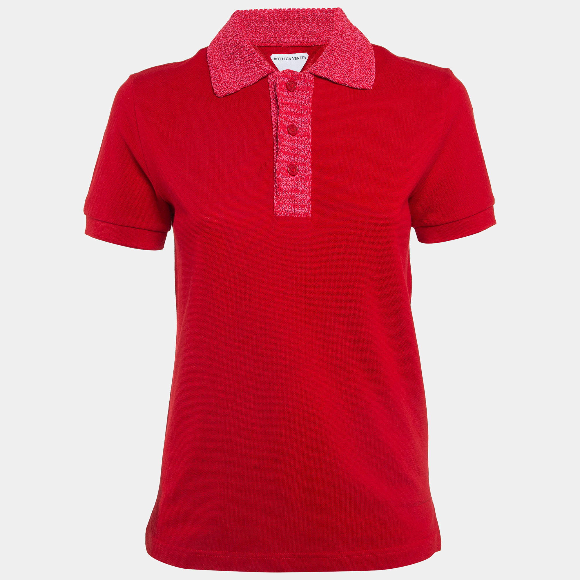 Bottega Veneta Red Contrast Knit Collar Piqué Knit Polo T-Shirt XS