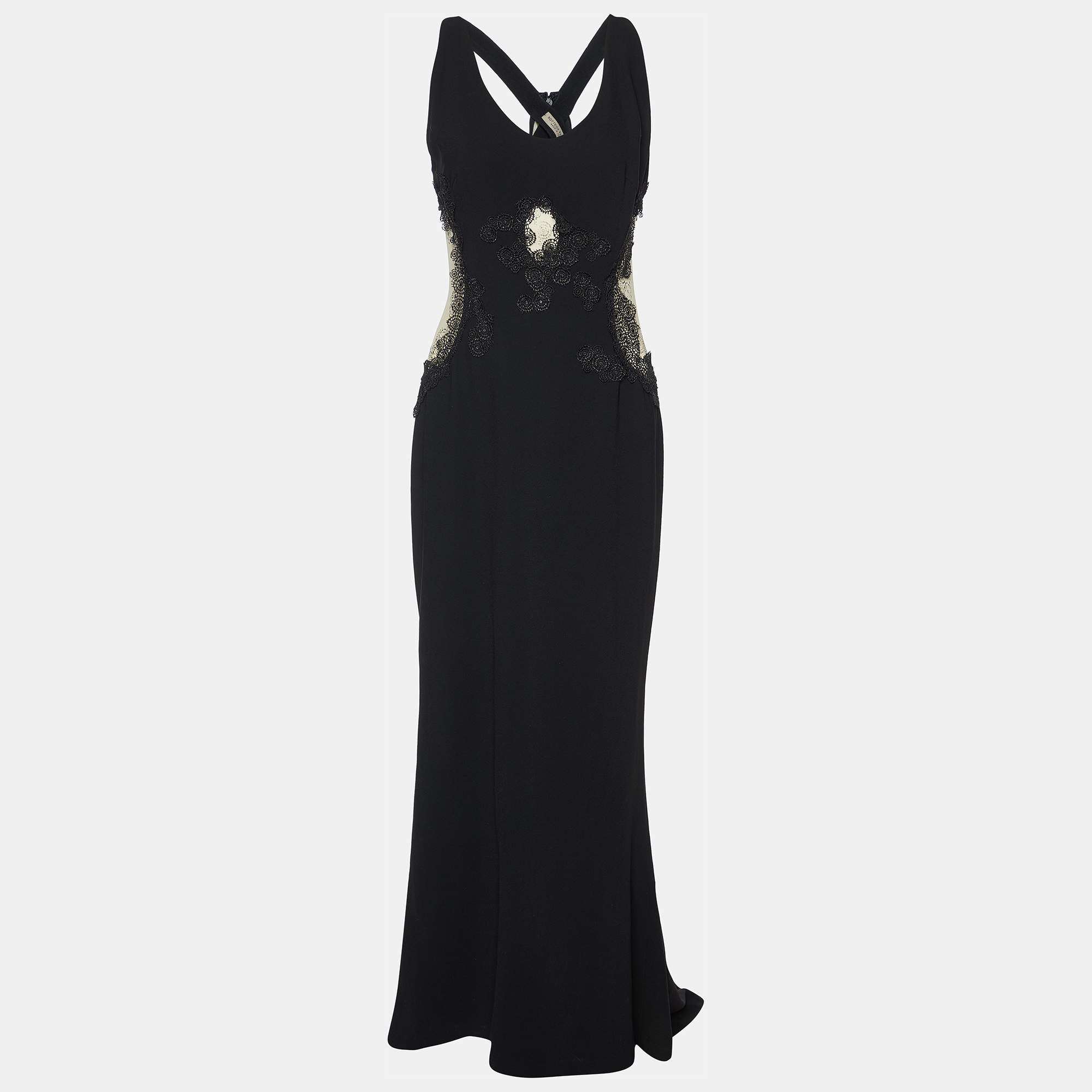 Bottega Veneta Black Lace Trim Crepe Sheer Cut-Out Gown M