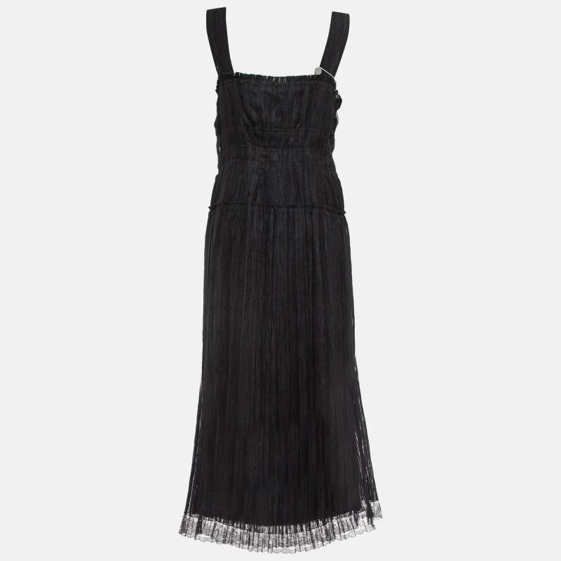 Pre Owned Bottega Veneta Black Silk Blend Pleated Lace Trim Midi Dress L
