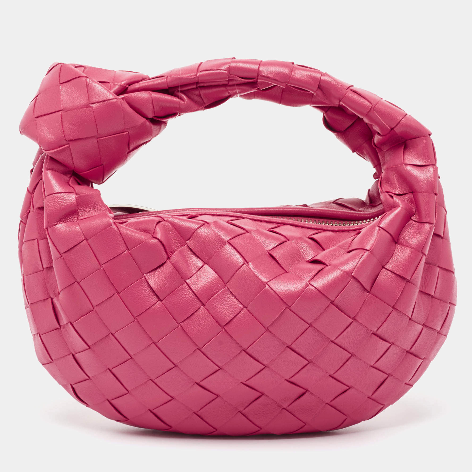 Pre Owned Bottega Veneta Pink Intrecciato Leather Mini Jodie Hobo