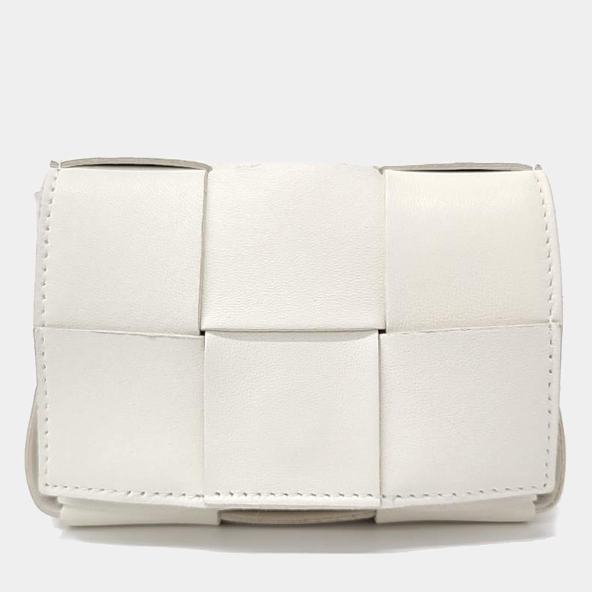 Pre Owned Bottega Veneta  White Lambskin Intrecciato Cassette Crossbody Bag 