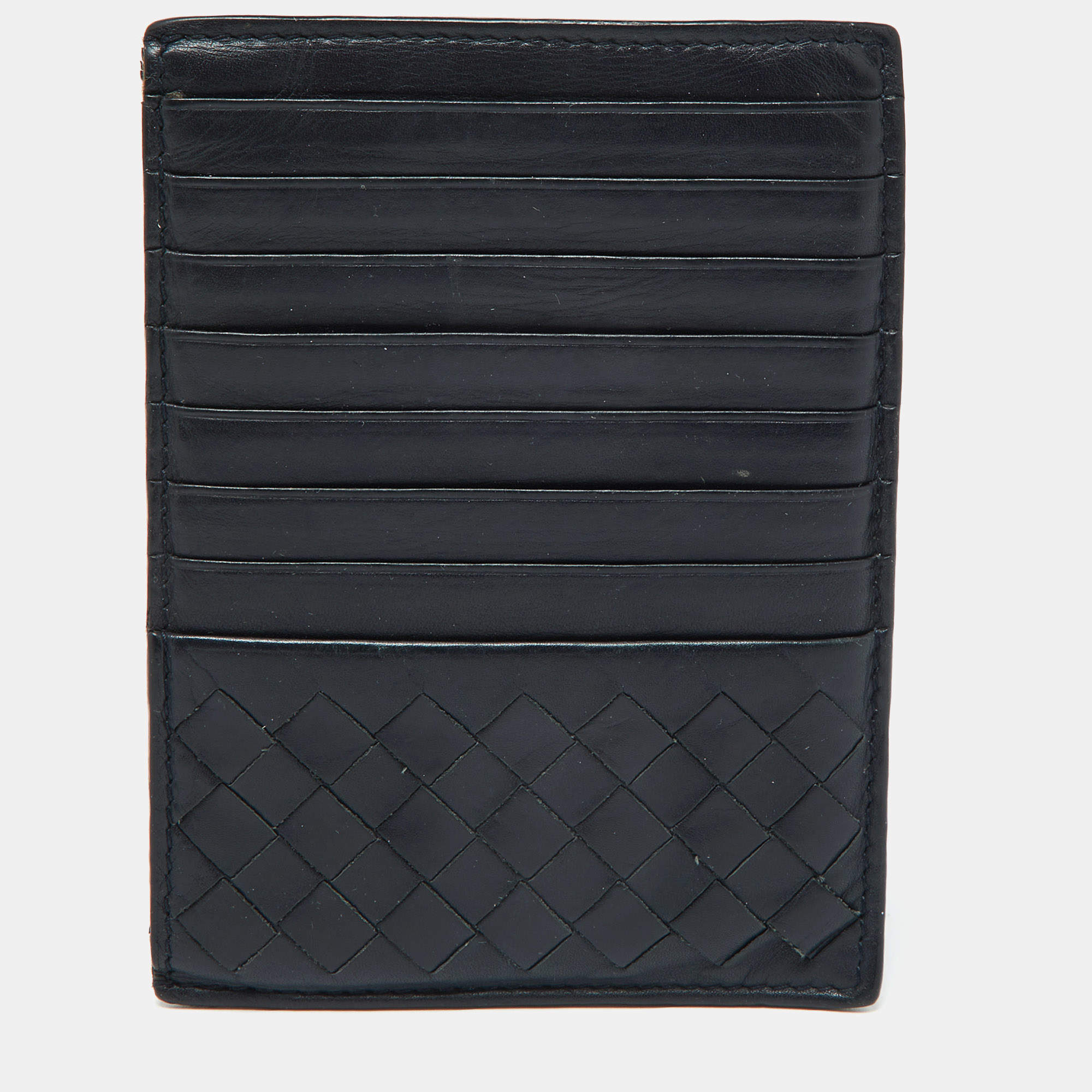 Bottega Veneta Dark Blue Intrecciato Leather Zip Card Holder