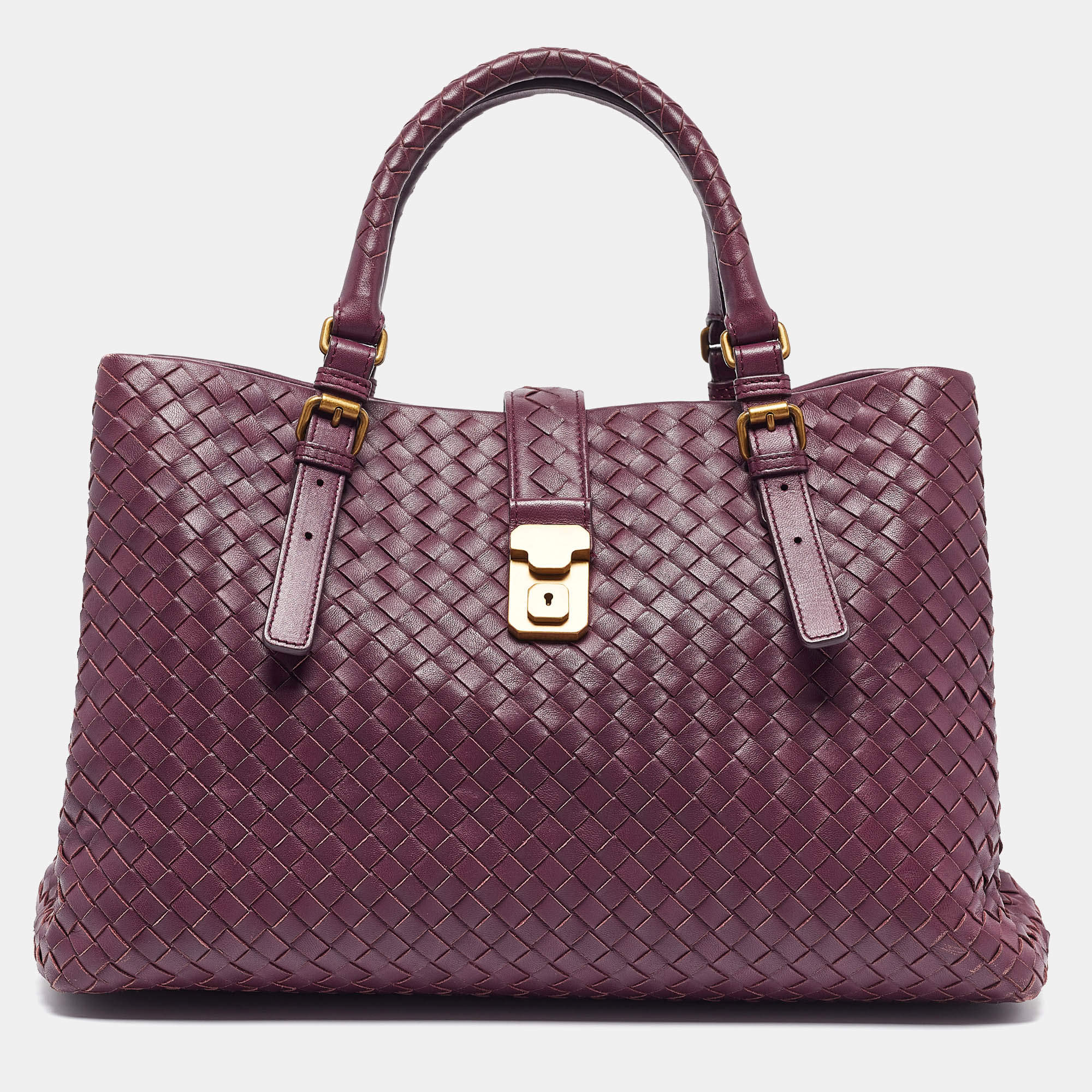 Bottega Veneta Plum Intrecciato Leather Medium Roma Tote