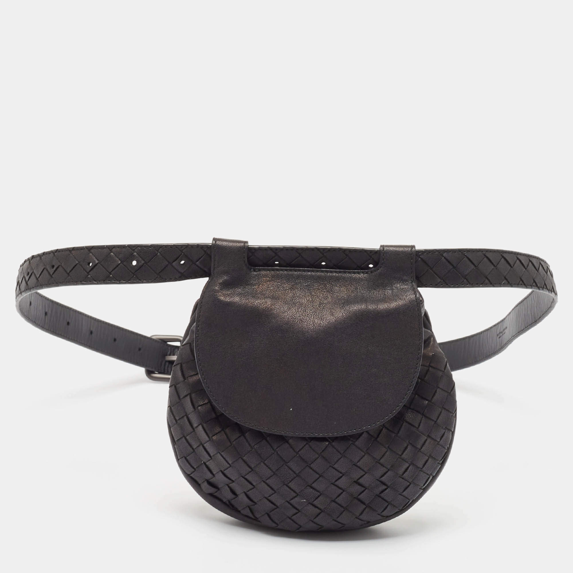 Pre Owned Bottega Veneta Black Intrecciato Leather Belt Bag