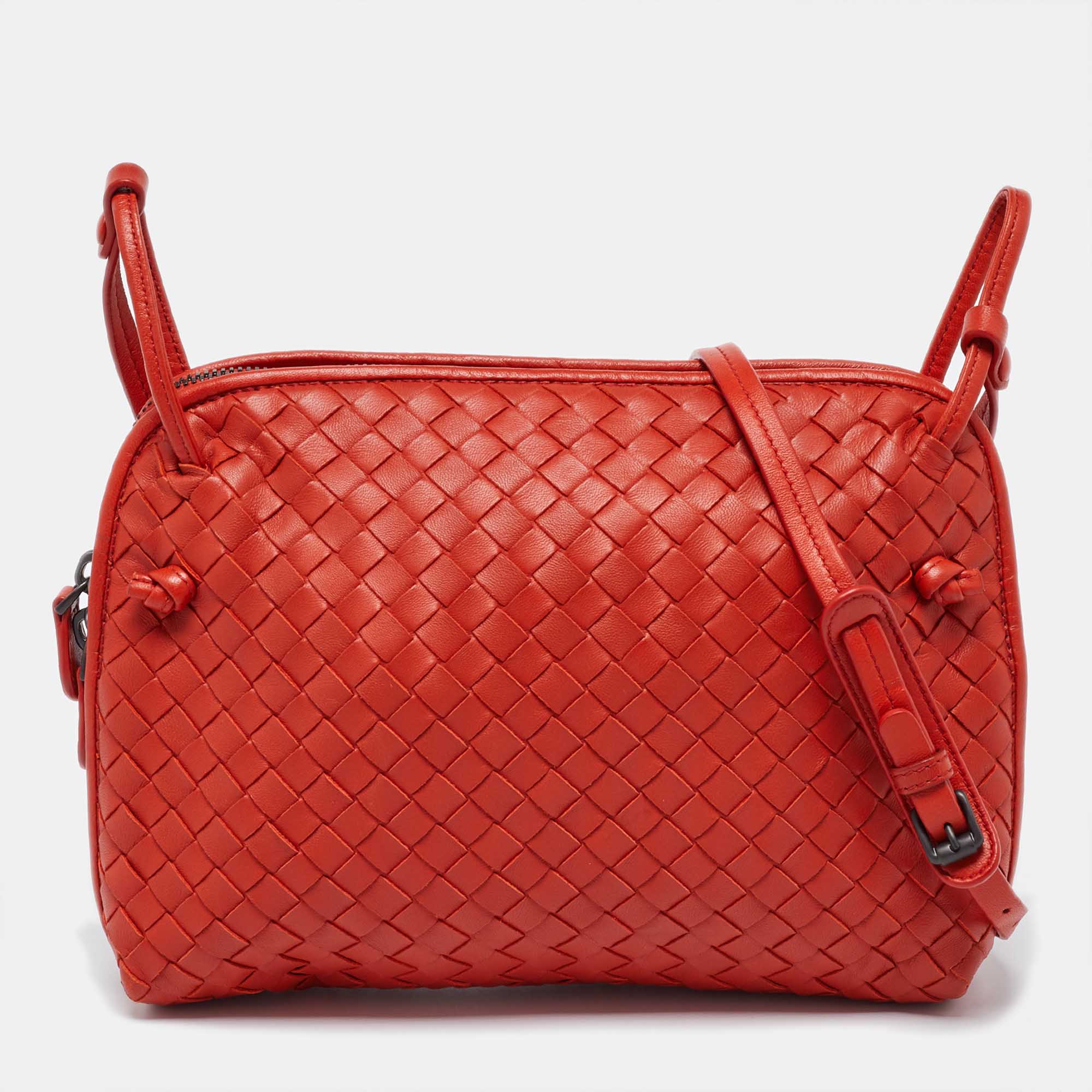 Pre Owned Bottega Veneta Orange Intrecciato Leather Nodini Crossbody Bag