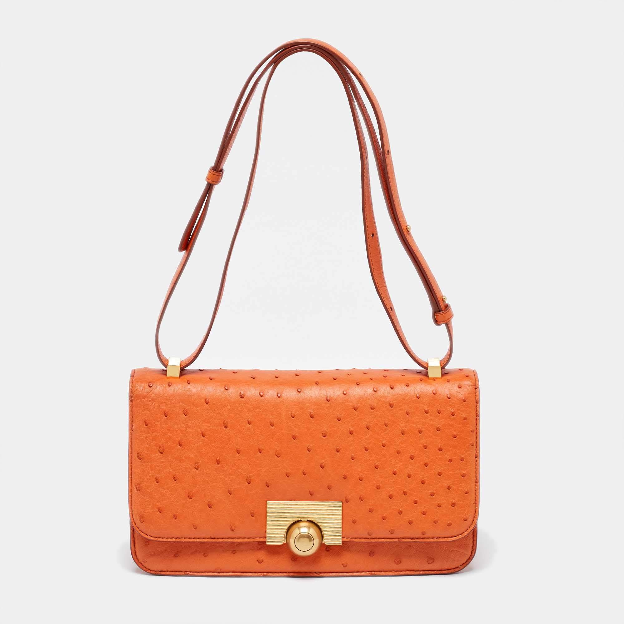 Pre Owned Bottega Veneta Orange Ostrich Leather BV Classic Shoulder Bag