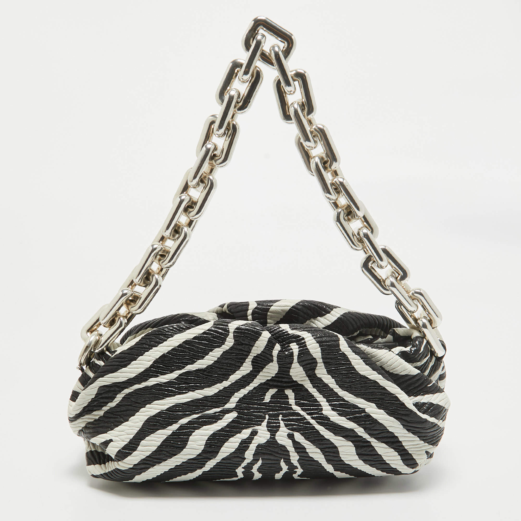 Pre Owned Bottega Veneta Black/White Zebra Print Leather The Chain Pouch Bag