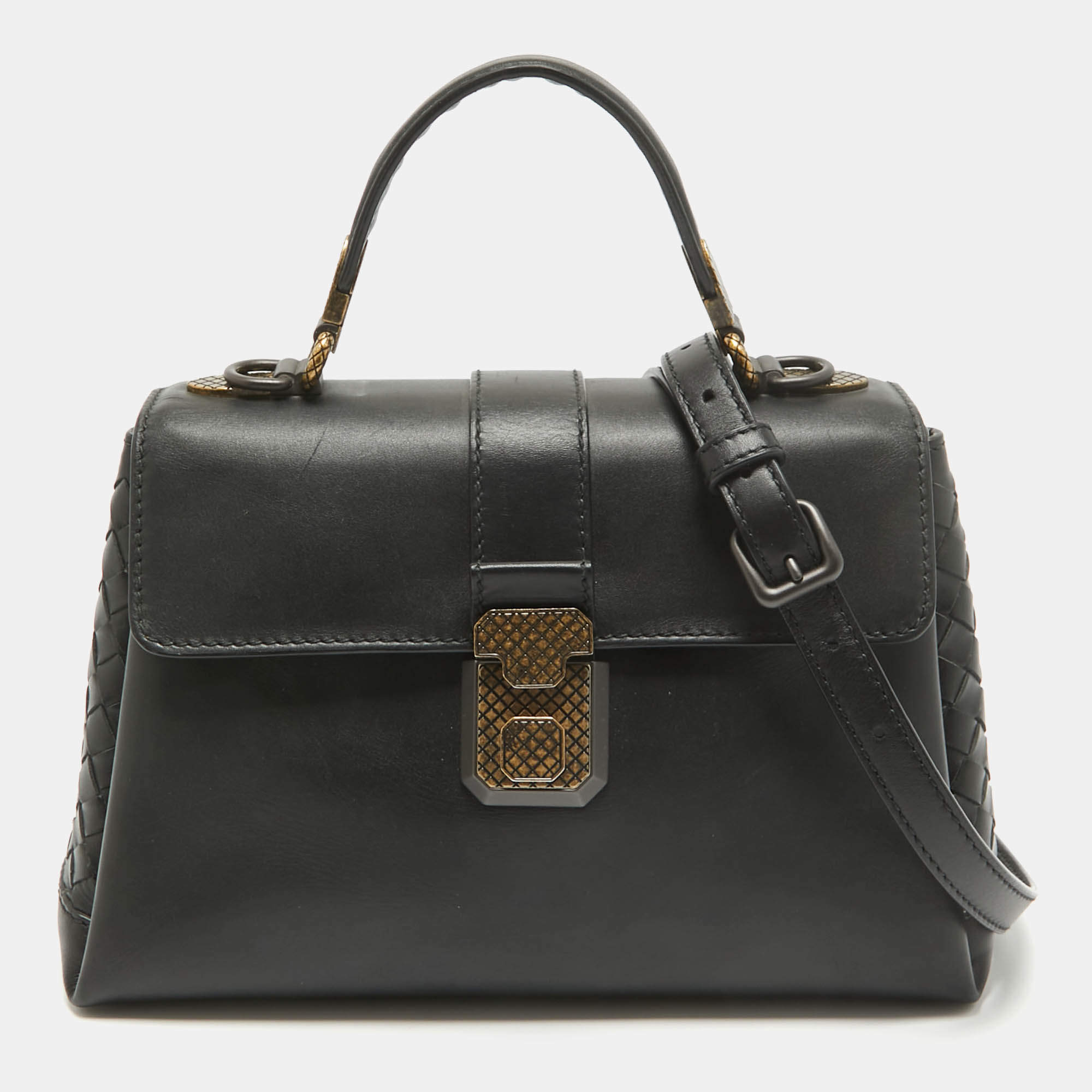 Bottega Veneta Black Leather Small Piazza Top handle Bag