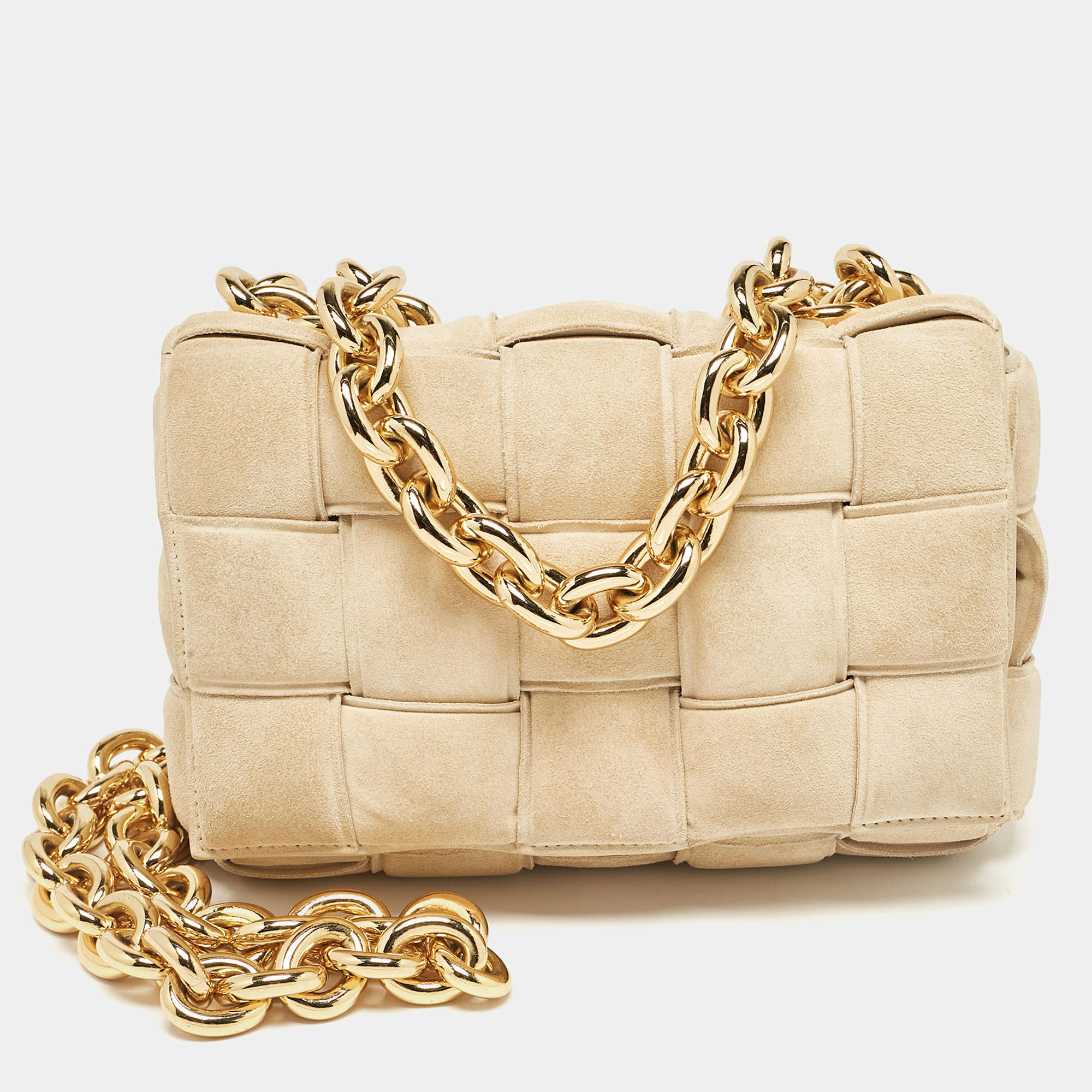 Pre Owned Bottega Veneta Beige Suede Padded Cassette Shoulder Bag