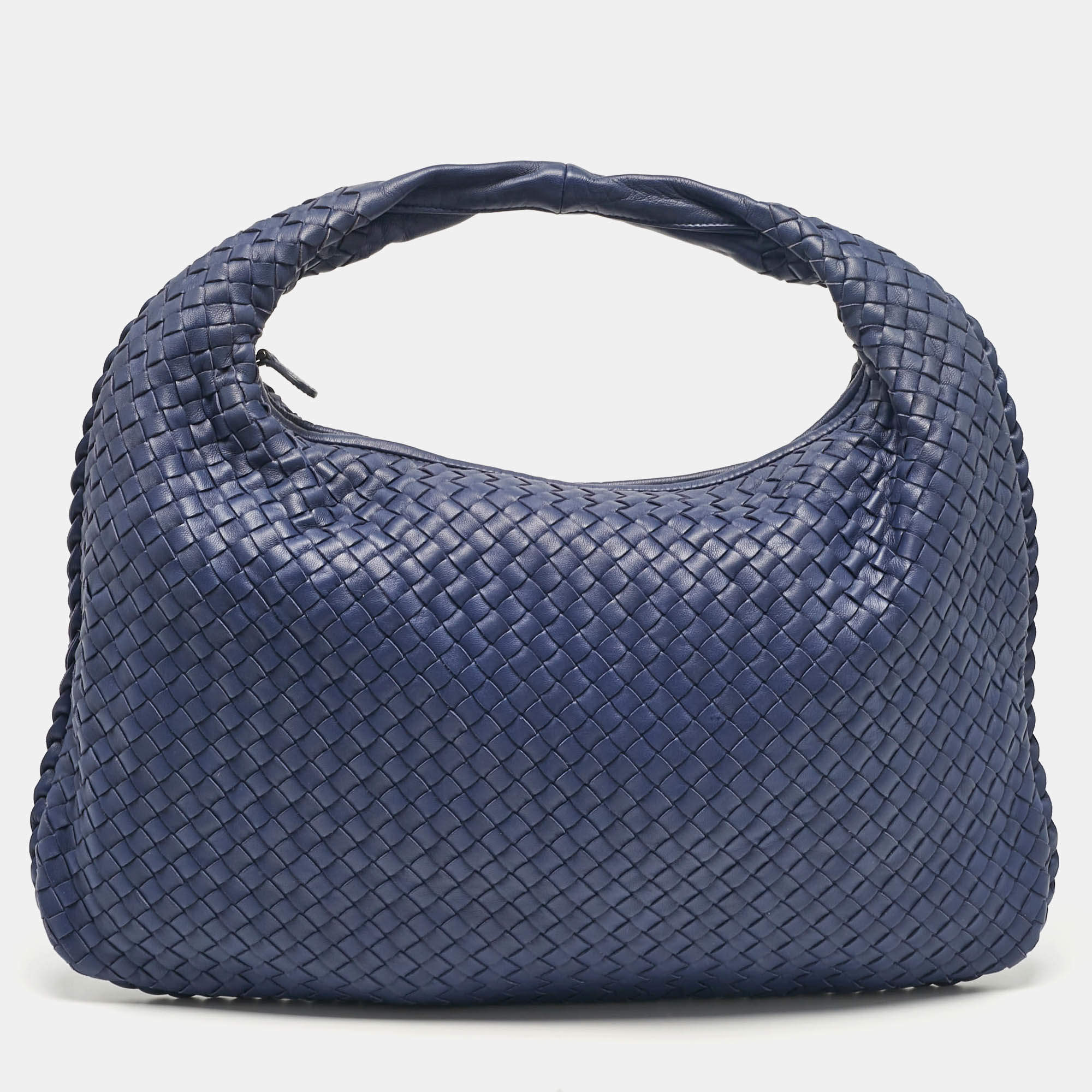 Pre Owned Bottega Veneta Blue Intrecciato Leather Large Veneta Hobo