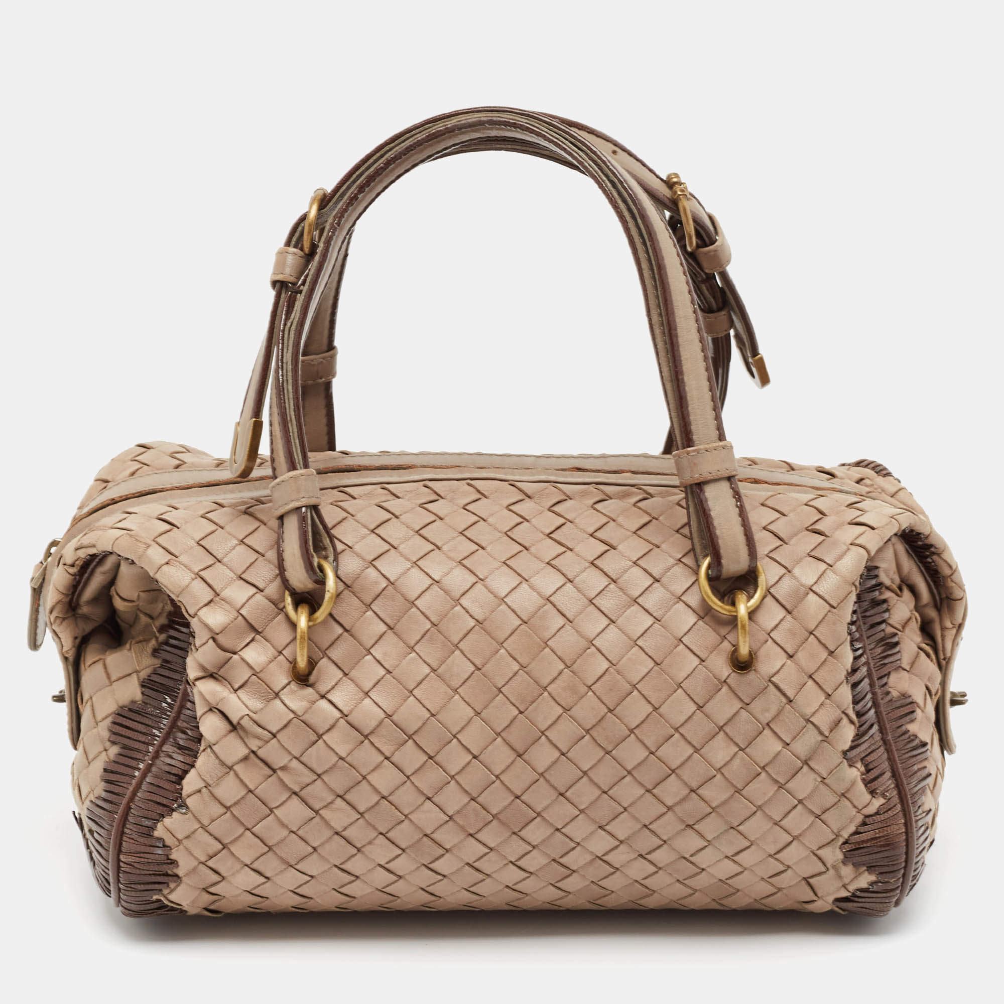 Pre Owned Bottega Veneta Beige Intrecciato Leather Boston Bag