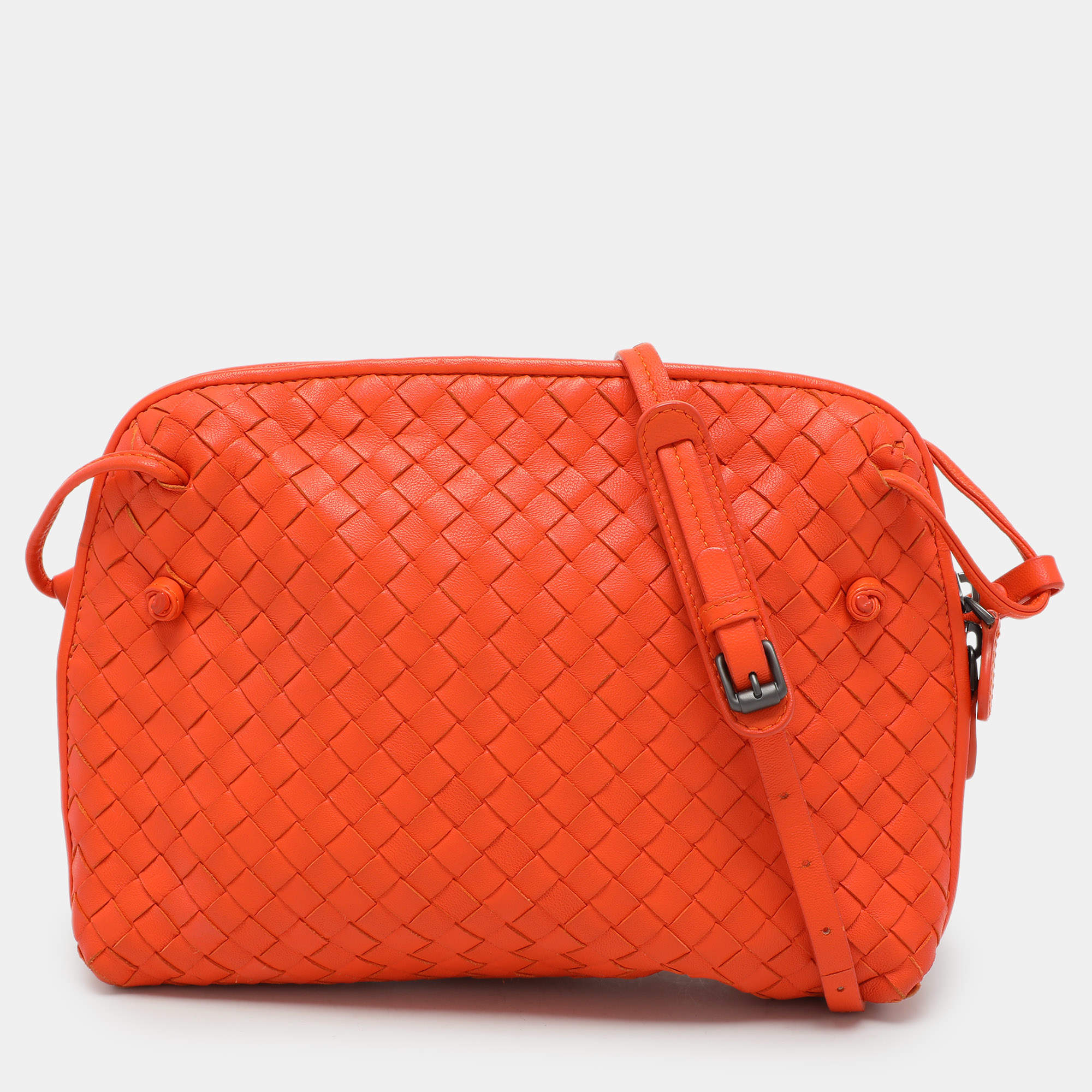 Pre Owned Bottega Veneta Orange Intrecciato Leather Nodini Shoulder Bag