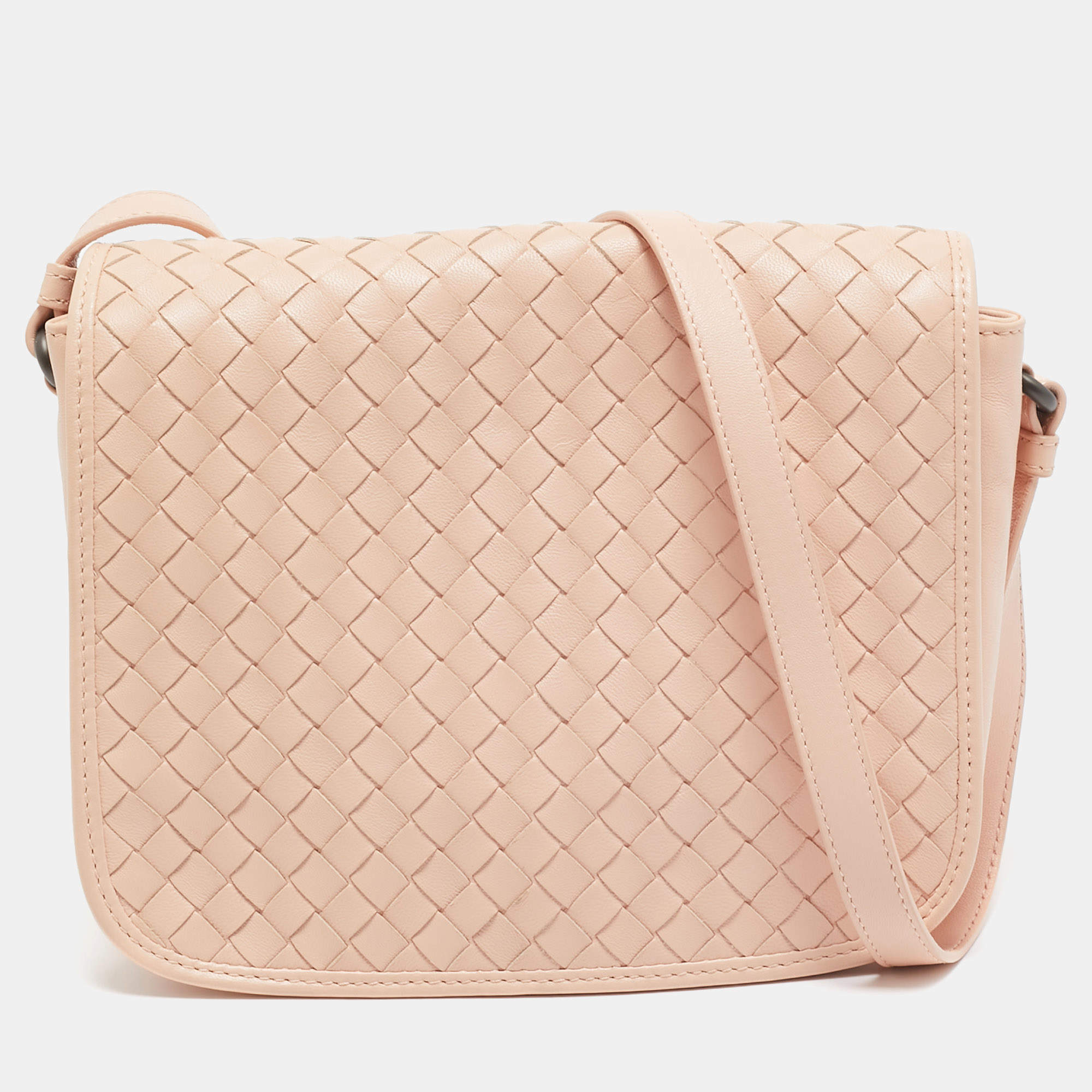 Bottega Veneta Blush Pink Intrecciato Leather Flap Crossbody Bag