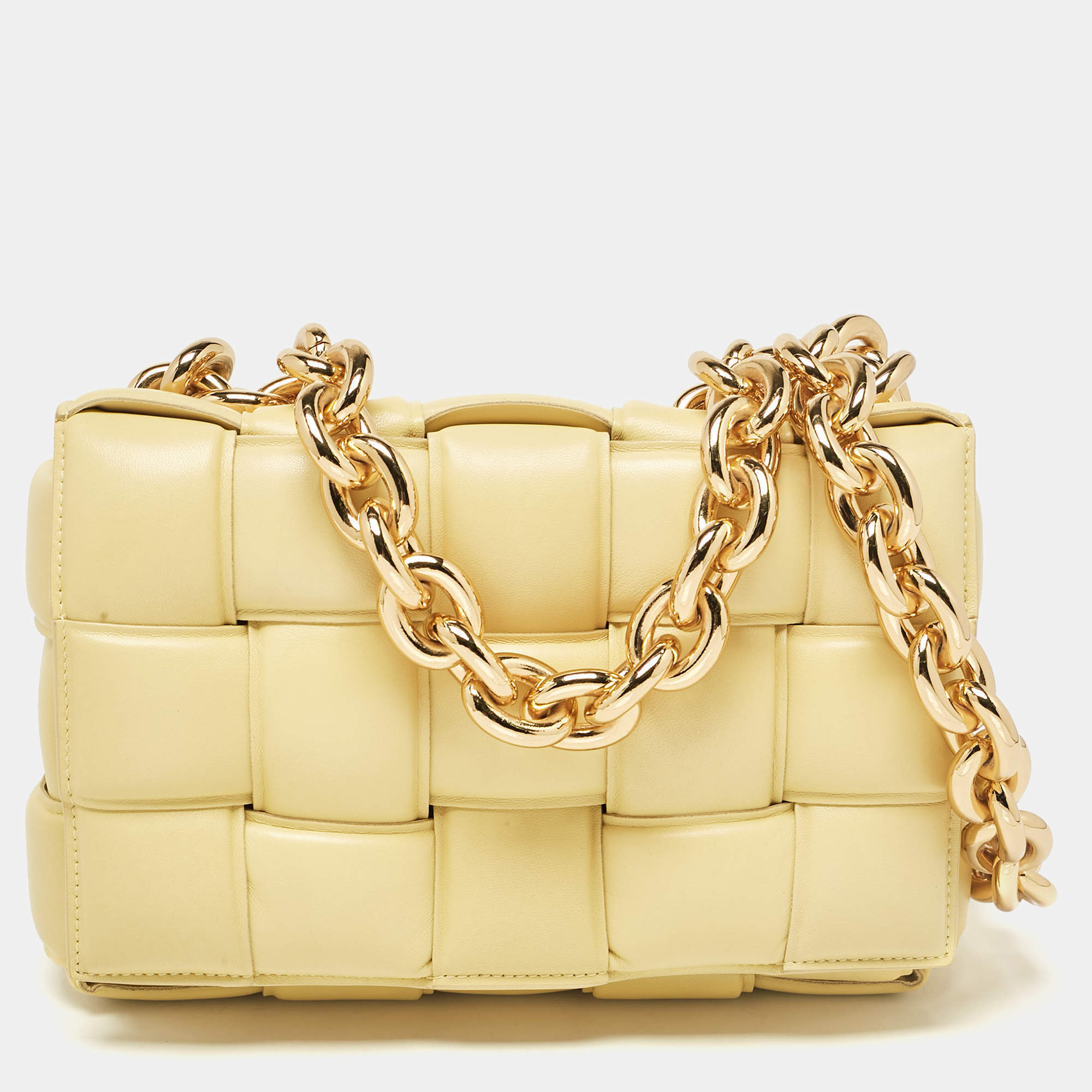 Bottega Veneta Yellow Intrecciato Leather Padded Cassette Chain Bag